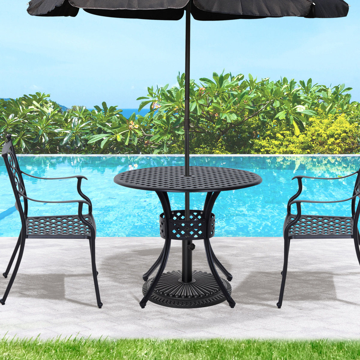33-Inch Roud Patio Dining Table with Umbrella Hole, Cast Aluminum Garden Table, All Weather Patio Bisto Table, for Lawn, Garden, Outside, Black