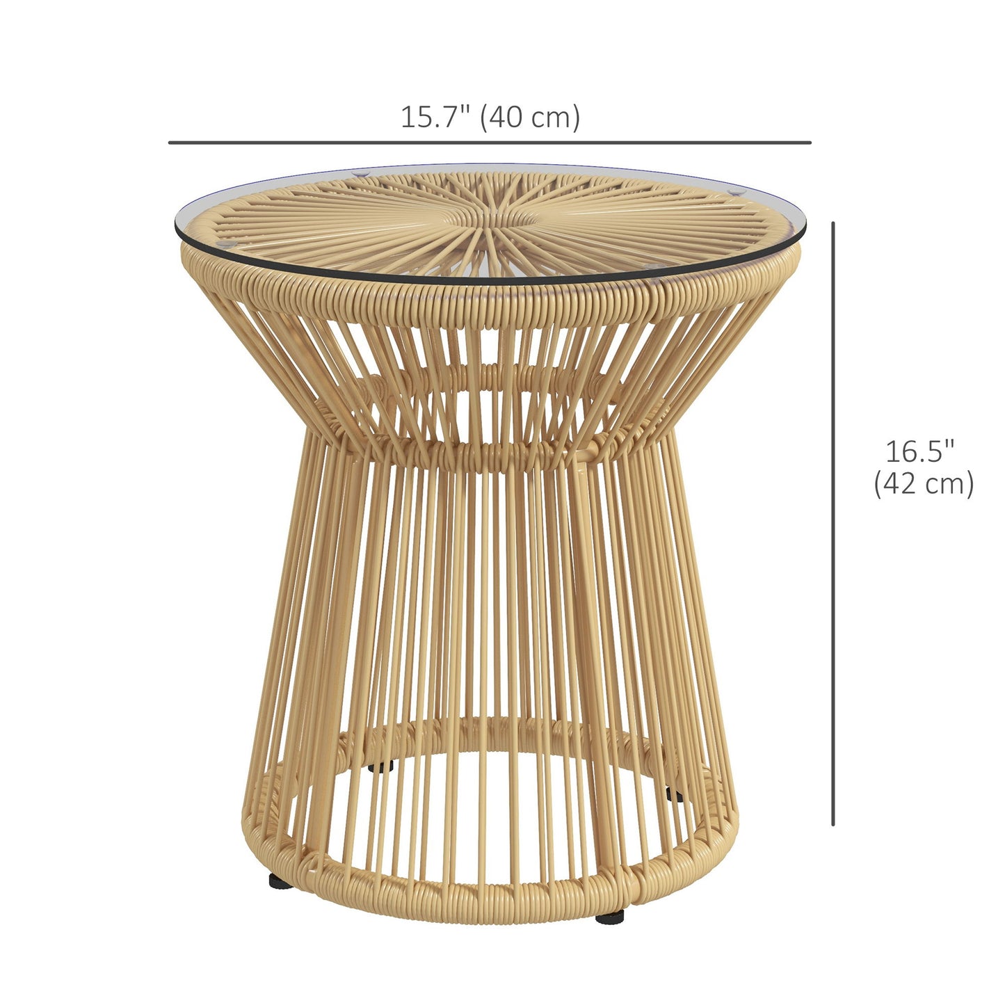 Round End Table, Rattan Side Table, Hollow Drum Design Coffee Table w/ Glass Tabletop for Patio, Garden, Balcony, Beige
