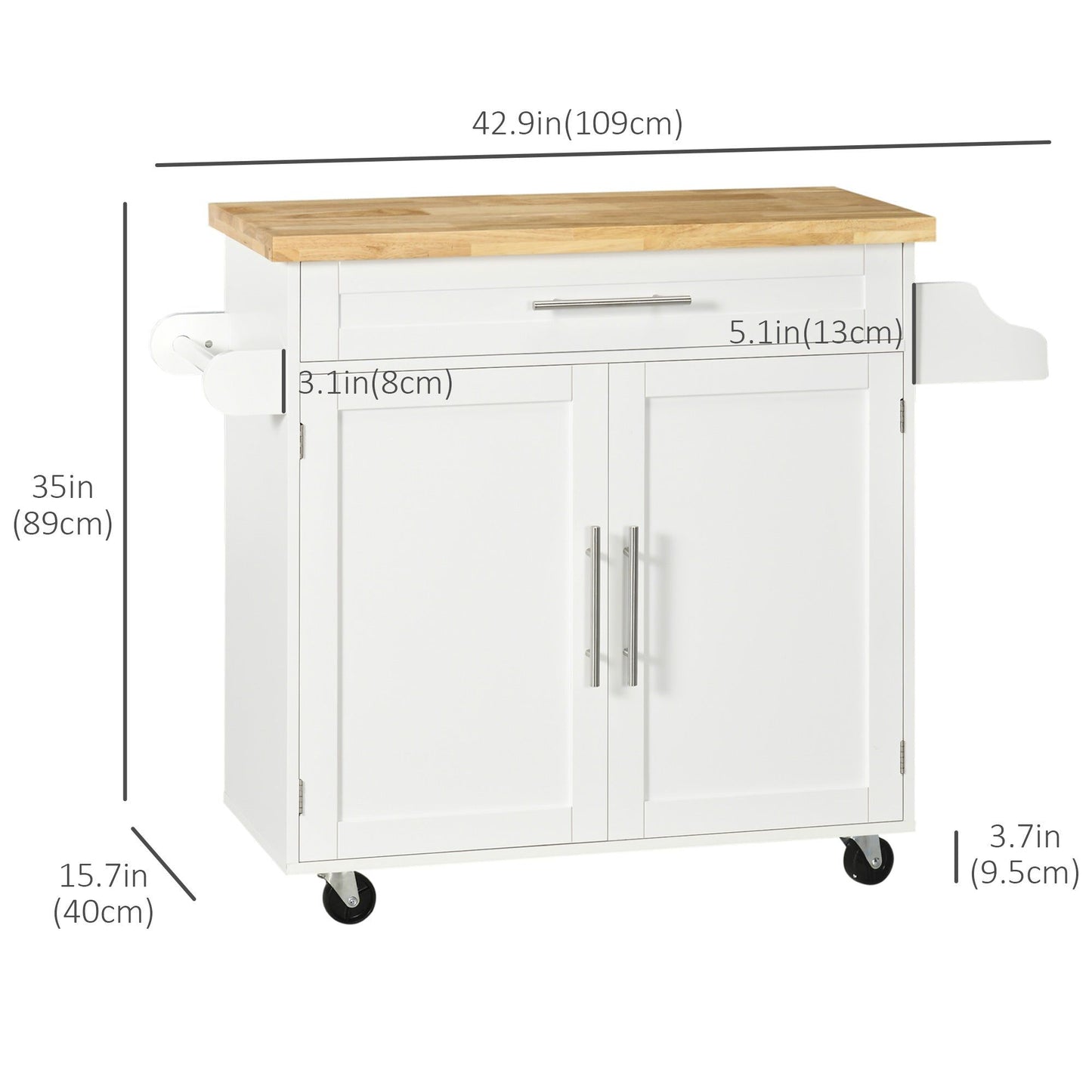 Rolling Kitchen Island with Wood Top and Spice Rack - White