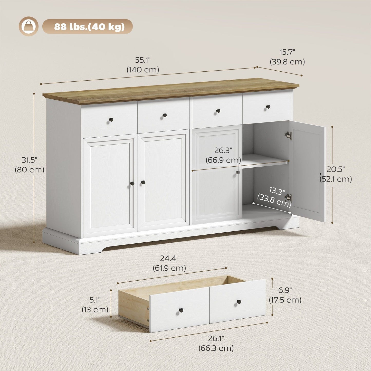 55" Farmhouse Sideboard Cabinet with Soft-Close Doors - White