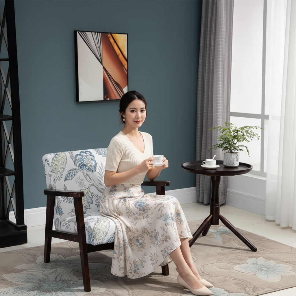 Mid-Century Modern Accent Chair Retro Fabric Armchair Wooden Arm Upholstered Lounge Chair for Living Room Floral