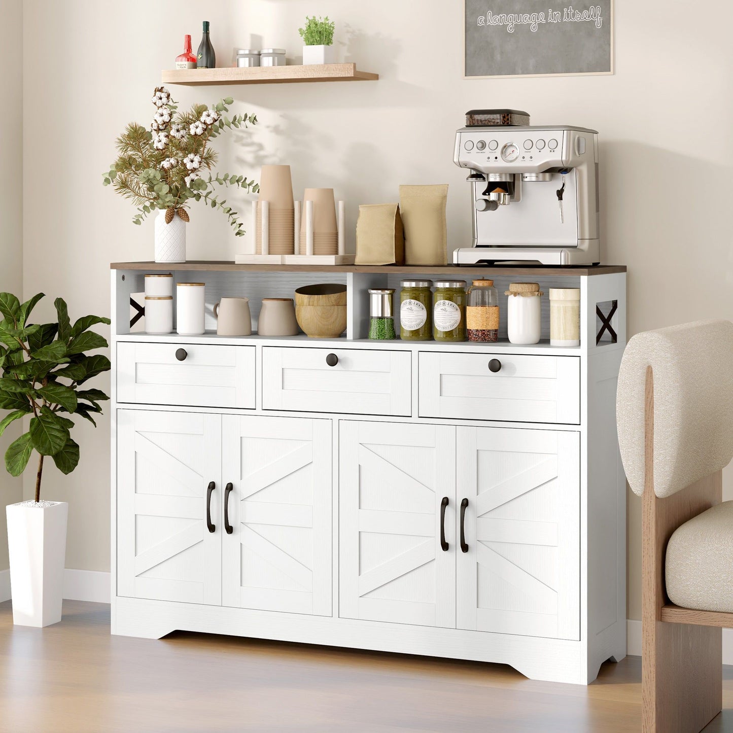Buffet Sideboard with 4 Barn Doors and 3 Drawers - White