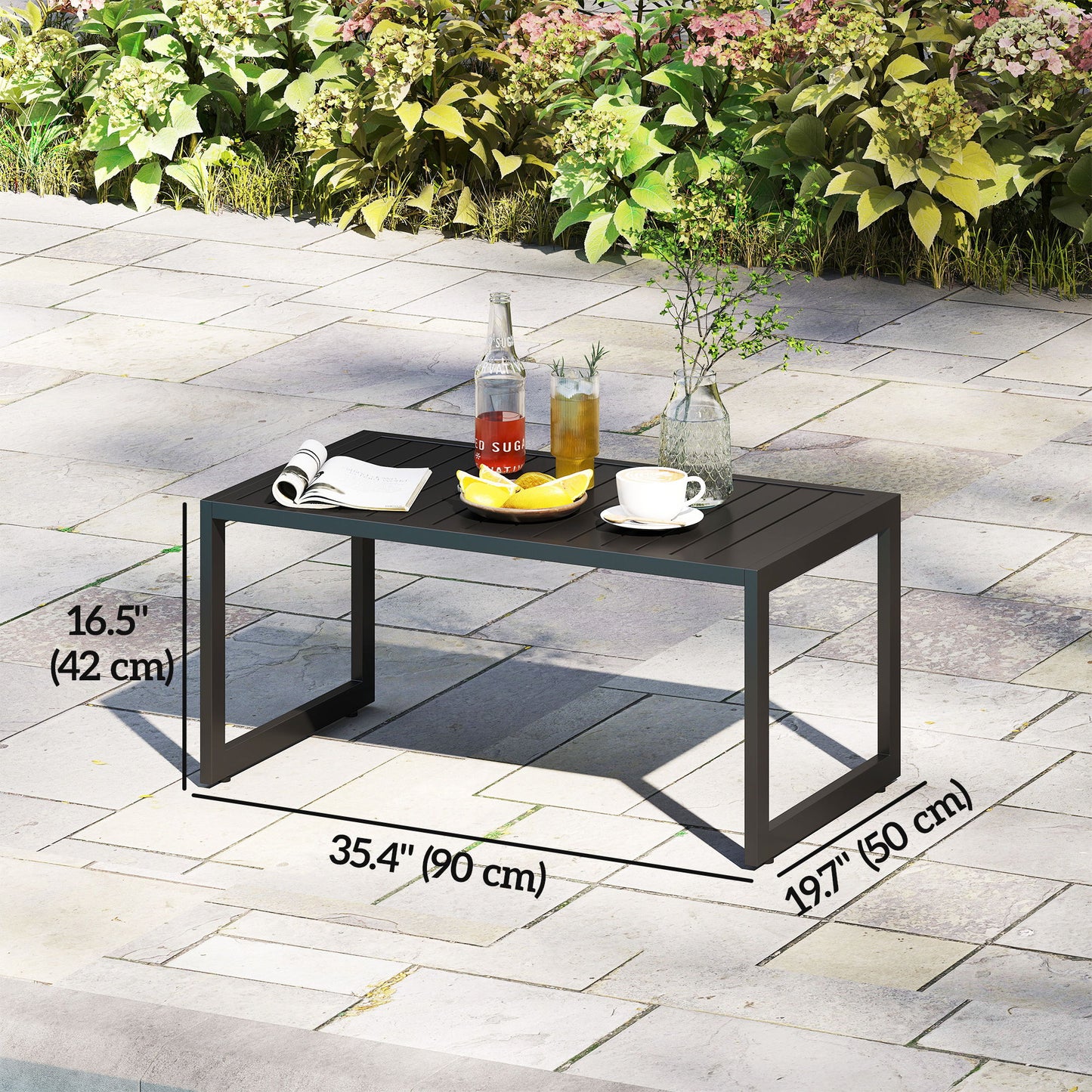 Outdoor Coffee Table, Patio Coffee Table with Slatted Tabletop, Adjustable Foot Pads for Garden, Patio, Lawn, Black