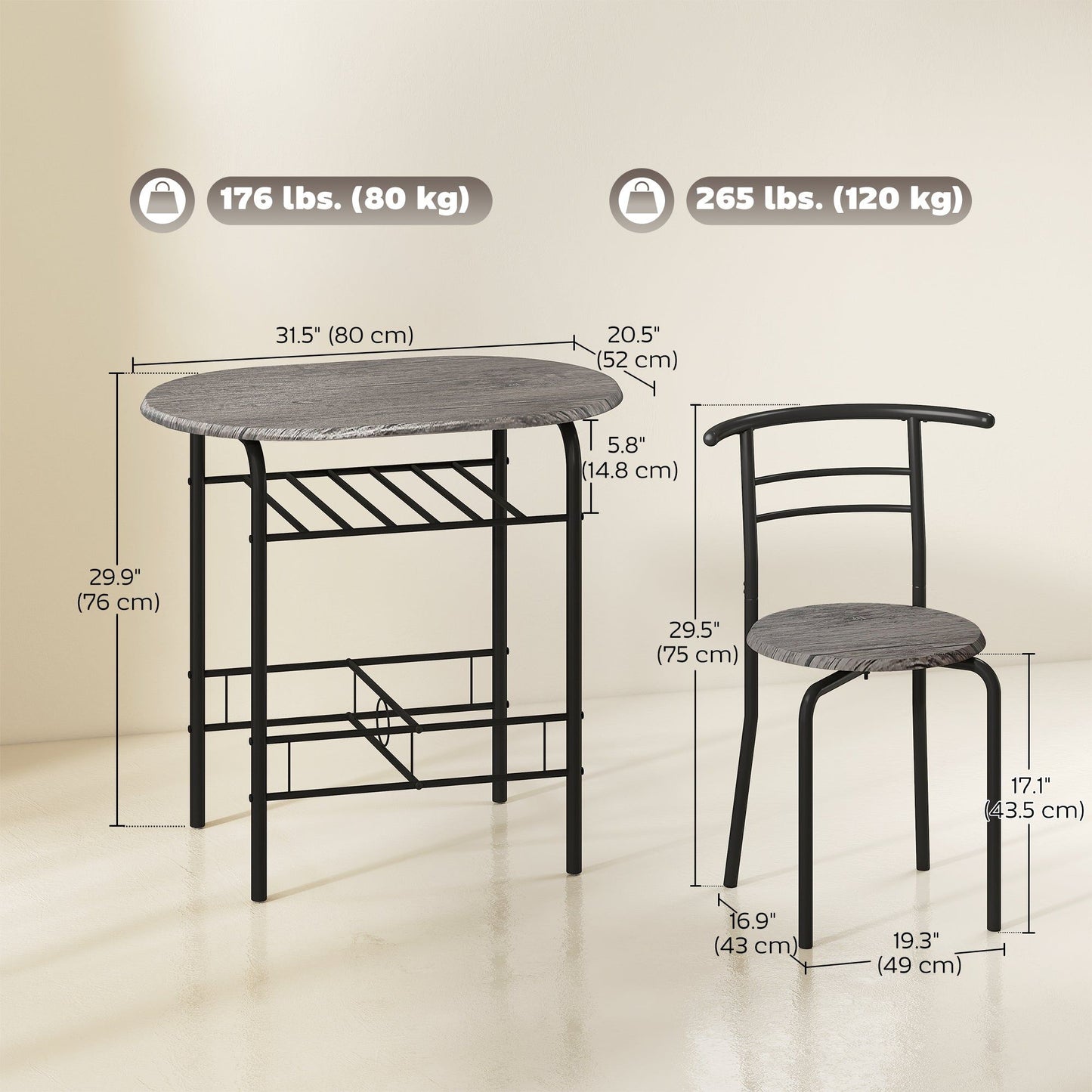 3-Piece Dining Set for 2 with Shelf - Charcoal Grey