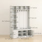 Hall Tree with Bench and Shoe Storage, Entryway Bench with Coat Rack, 12 Shelves, 2 Cabinets, 5 Hooks, White Wood Grain