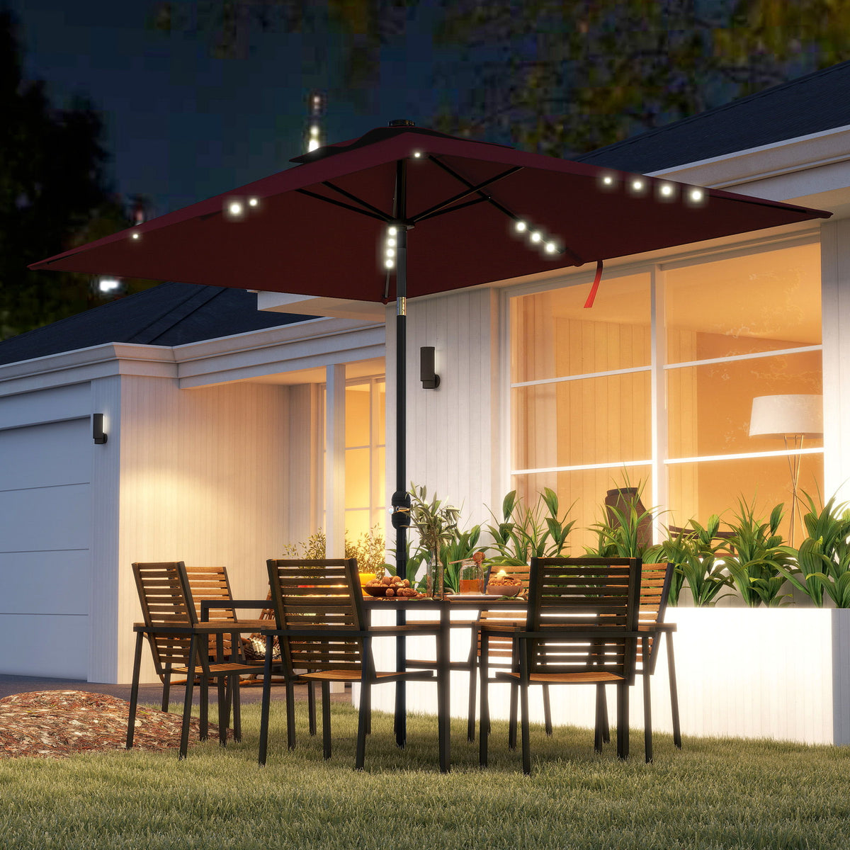 6' x 10' Patio Umbrella with 22 LED Solar Lights and Tilt, Rectangular Outdoor Table Umbrella with Crank, Wine Red