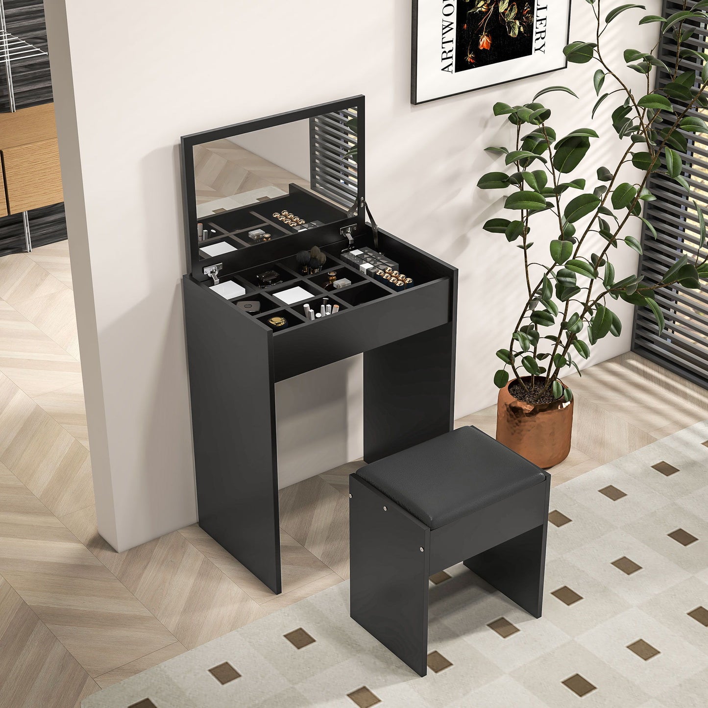Modern Vanity Set with Makeup Table and Cushioned Stool, Dressing Table with Flip Top and Mirror for Bedroom, Black