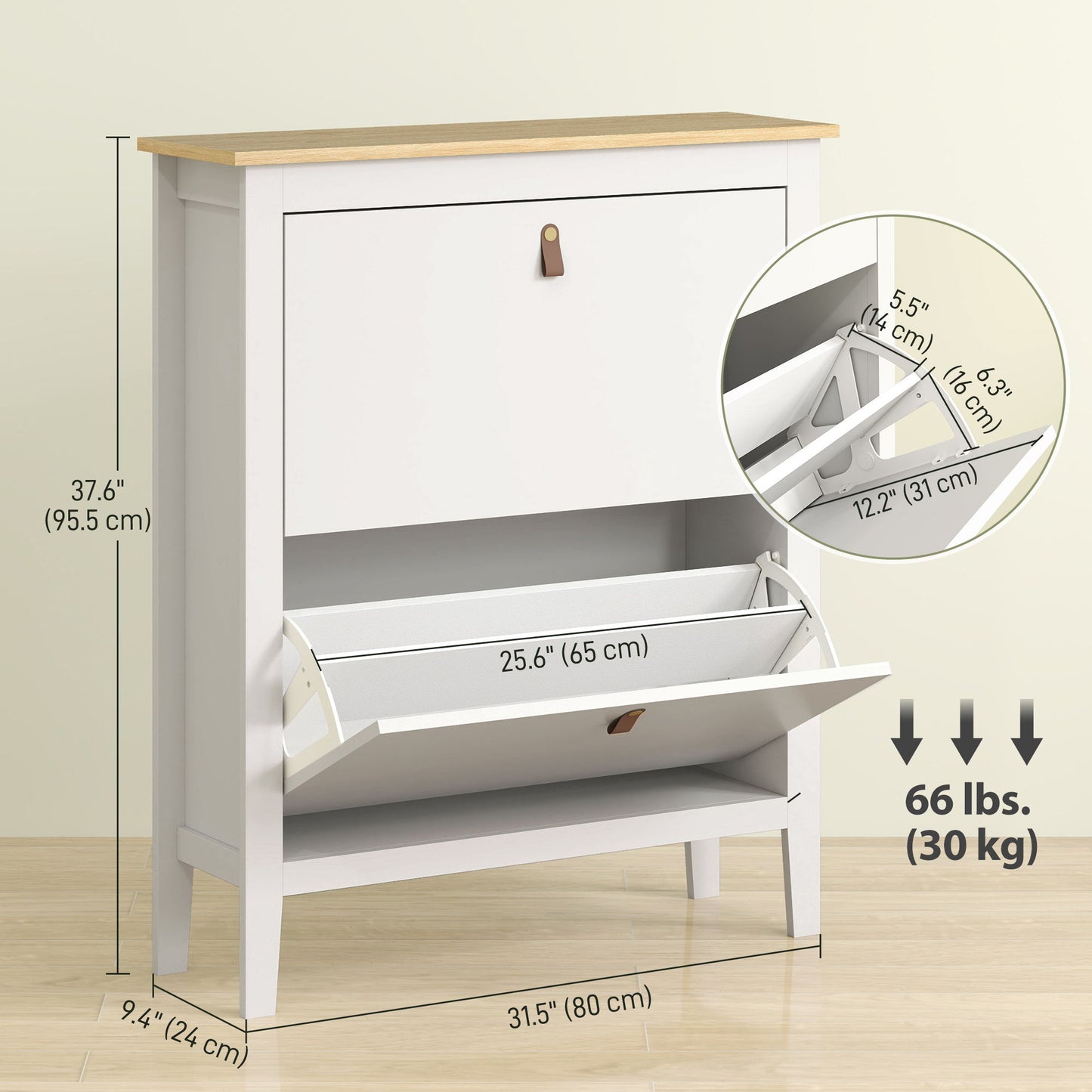 Narrow Shoe Cabinet with 2 Flip Drawers, Adjustable Shelves for Entryway, Holds 10-14 Pairs, White