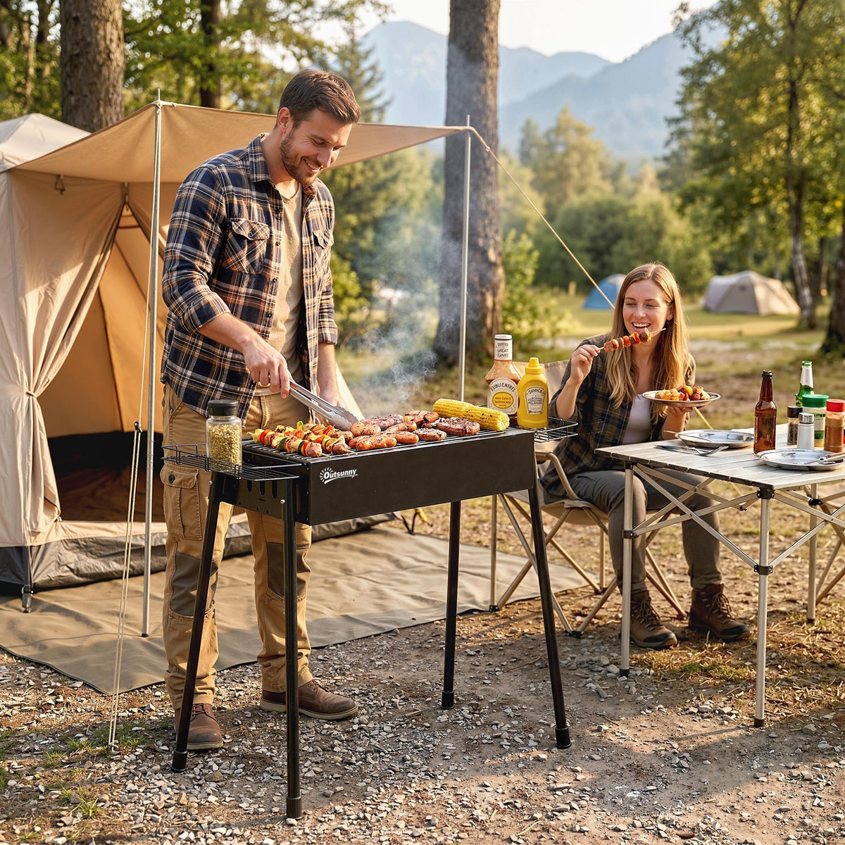 Portable BBQ Grill, Charcoal Grill with Side Seasoning Baskets, Hooks and Nets for Outdoor, Picnic, Camping, Black