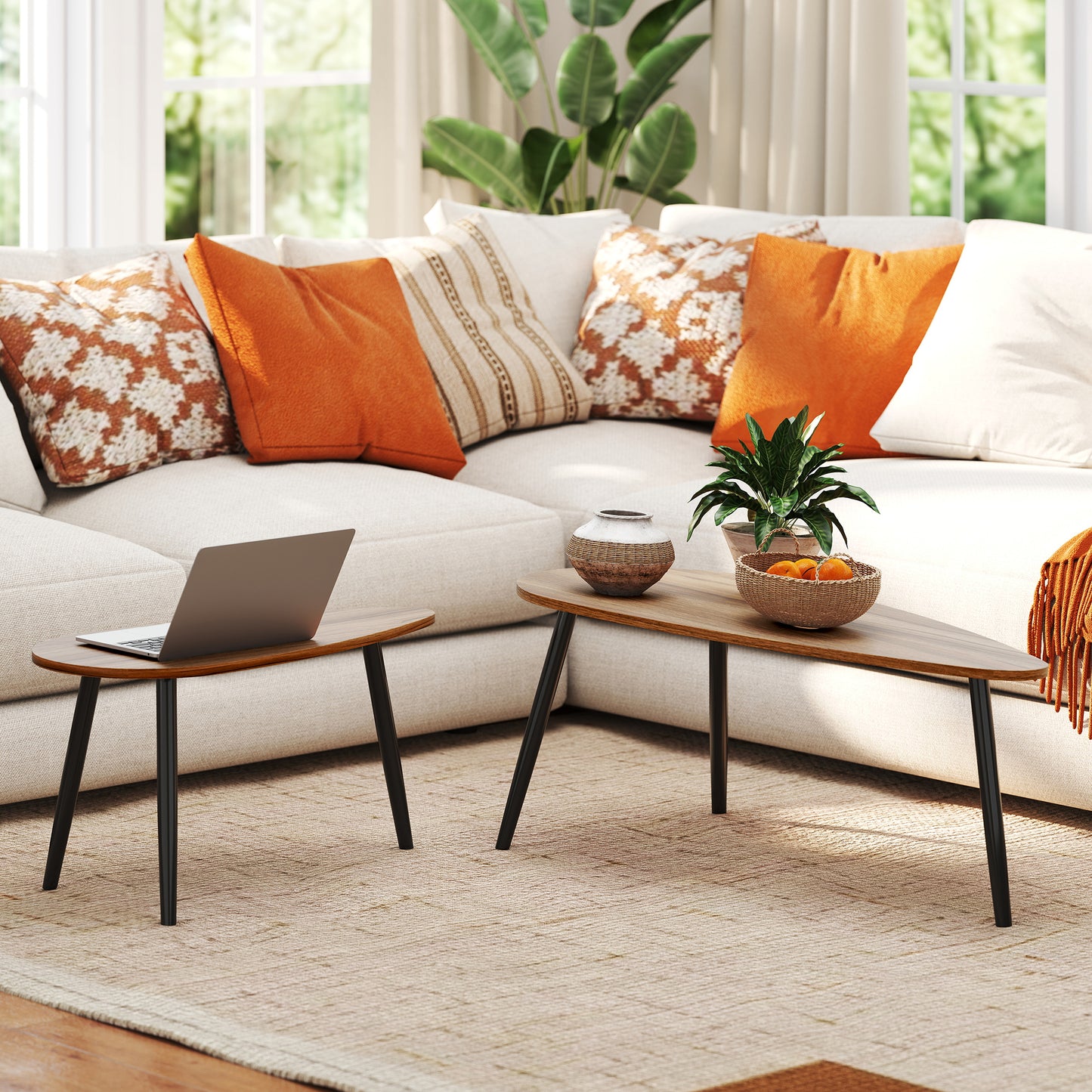 2 Pieces Coffee Table Set for Living Room, Industrial Nest of Tables with Steel Legs, Brown