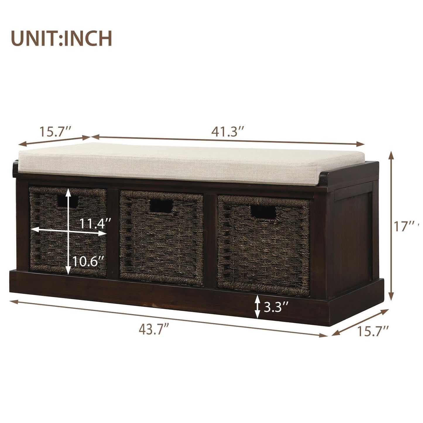 Rustic Espresso Storage Bench with Acacia Wood Frame, Fully Assembled Shoe Bench for Entryway, 43.5" L x 15.5" W x 17" H, Espresso