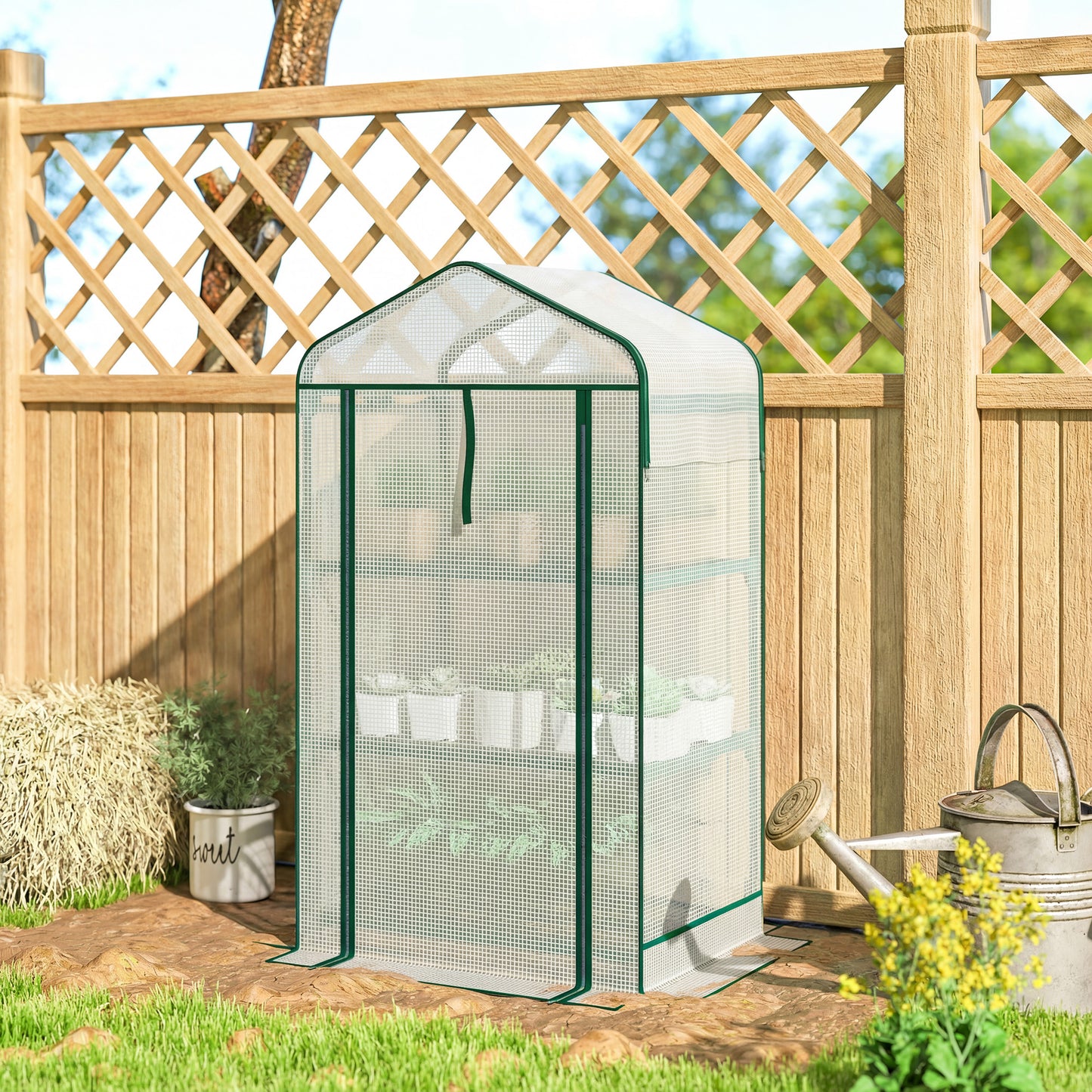 Mini Greenhouse with Screen Roof, Portable Small Greenhouse with Roll-Up Zipper Door