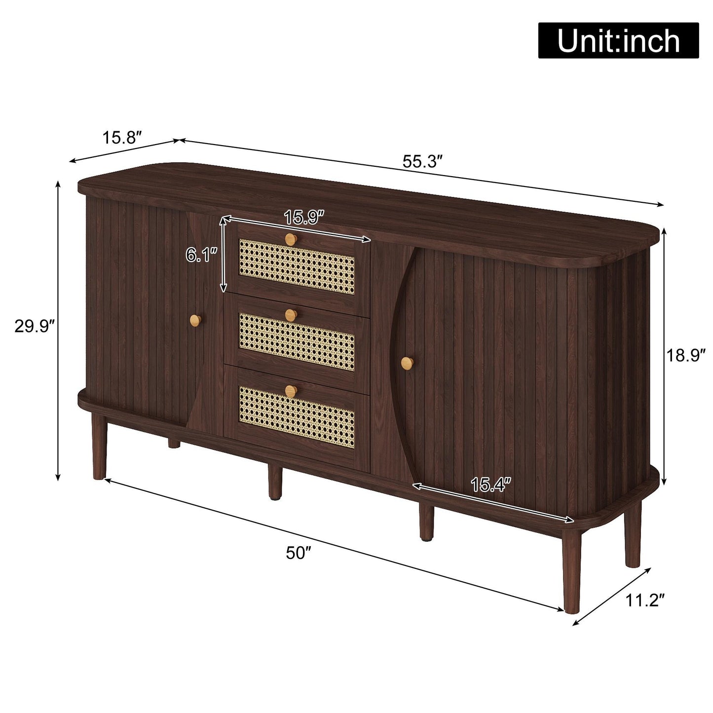 Rustic Style Sideboard with 2 Doors and Adjustable Shelves, Versatile Cabinet for Living Room or Dining Room, 55.5'' L x 16'' W x 30'' H, Wood
