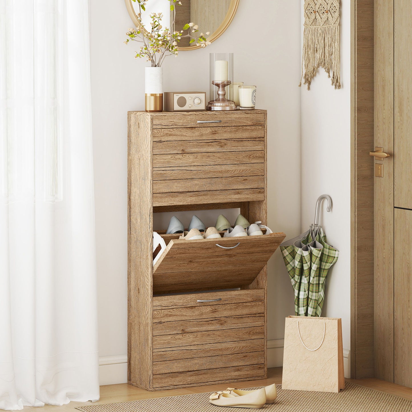 Shoe Storage Cabinet with 3 Flip Drawers, Narrow and Slim, 12 Pair of Shoes Organizer for Hallway, Entryway, Oak