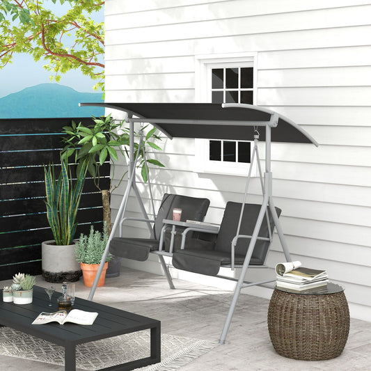 2-Seater Outdoor Porch Swing with Adjustable Canopy and Table, Patio Swing Chair for Garden, Poolside, Backyard, Grey
