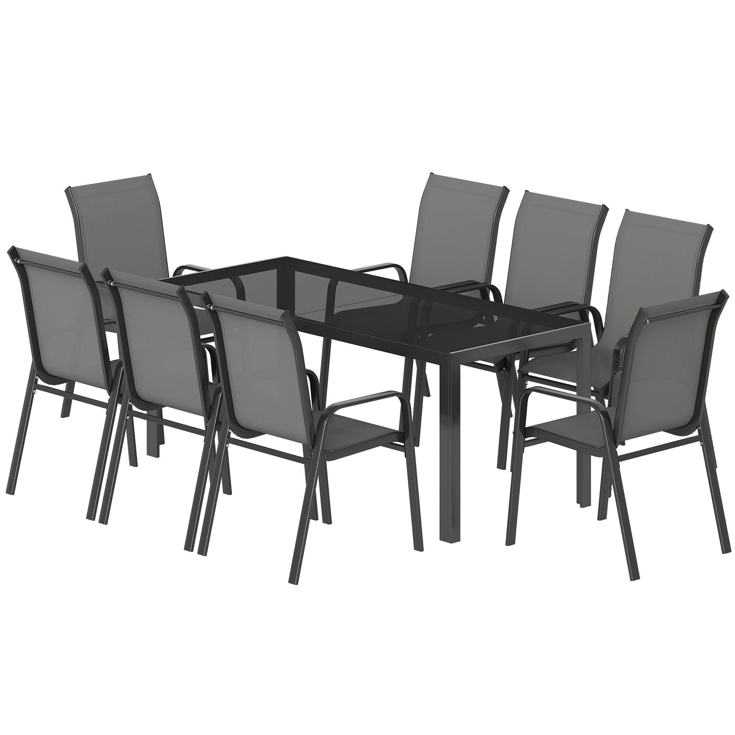 Outdoor Dining Sets for 8 with Stackable Chairs, Patio Dining Set with Glass Top Table for Garden, Patio, Backyard, Dark Grey