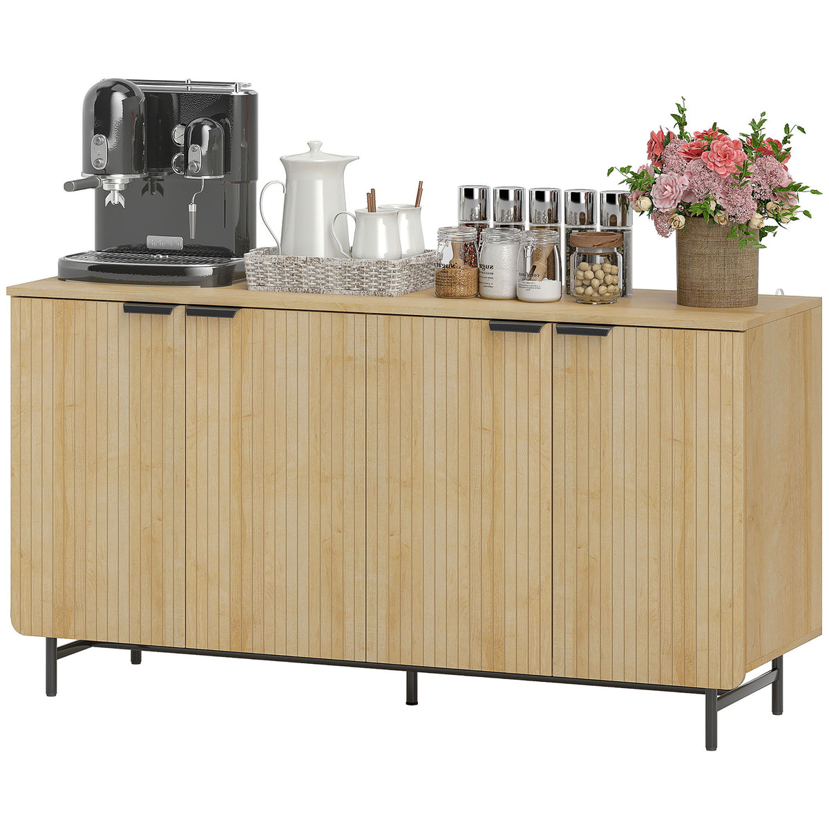 55" Modern Sideboard, Fluted Buffet Cabinet with Adjustable Shelves, 5 Metal Legs for Kitchen, Living Room, Nature Wood