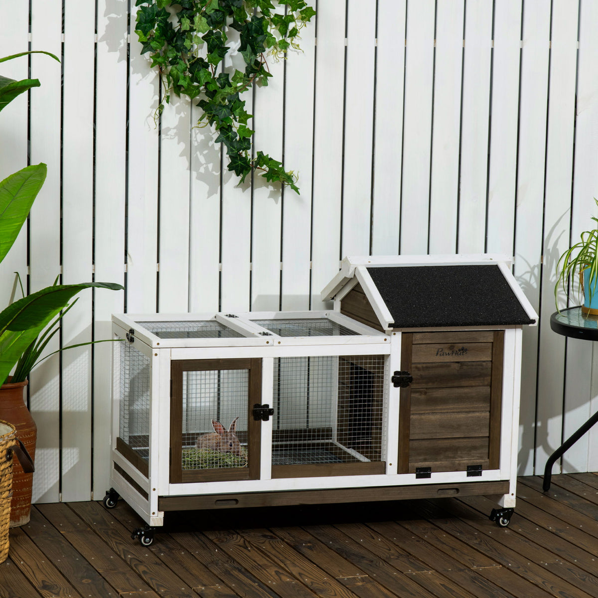 Rabbit Cage with Wheels, Ramp, Run, Tray for Indoor Outdoor, Suitable for Rabbit, Guinea Pig, Coffee