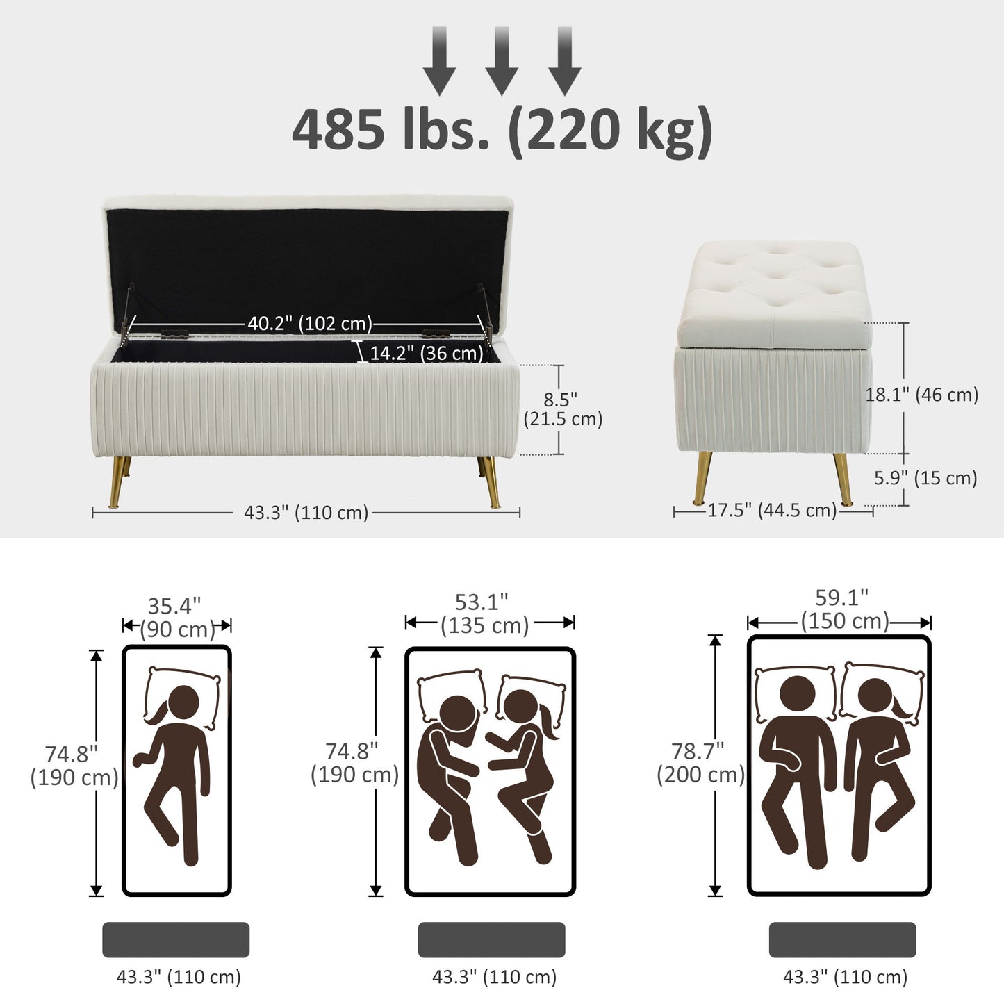 Storage Ottoman Bench, 43 Inch Large Storage Chest with Steel Legs and Padded Seat, Foot Rest, Load 485 lbs, Beige