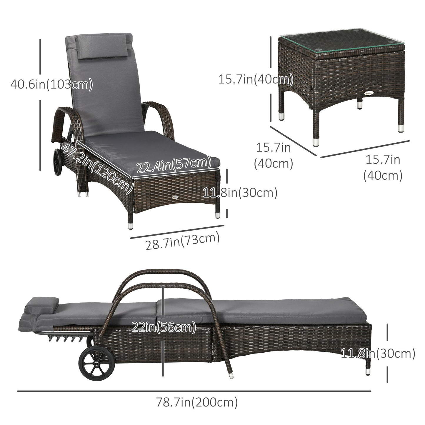 3 Pieces Wicker Patio Lounger Set with Table, PE Rattan Outdoor Lounge Chair Set with Cushions, Wheels, 5-Level Reclining Backrest, Headrest, Brown/Dark Grey