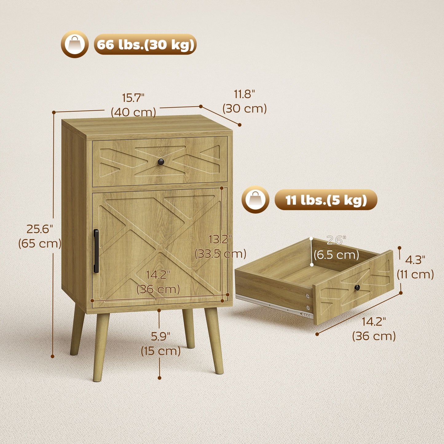 Nightstand Set of 2, Bedside Table Set with Drawer and Cabinet, Side End Table with Storage for Living Room, Oak