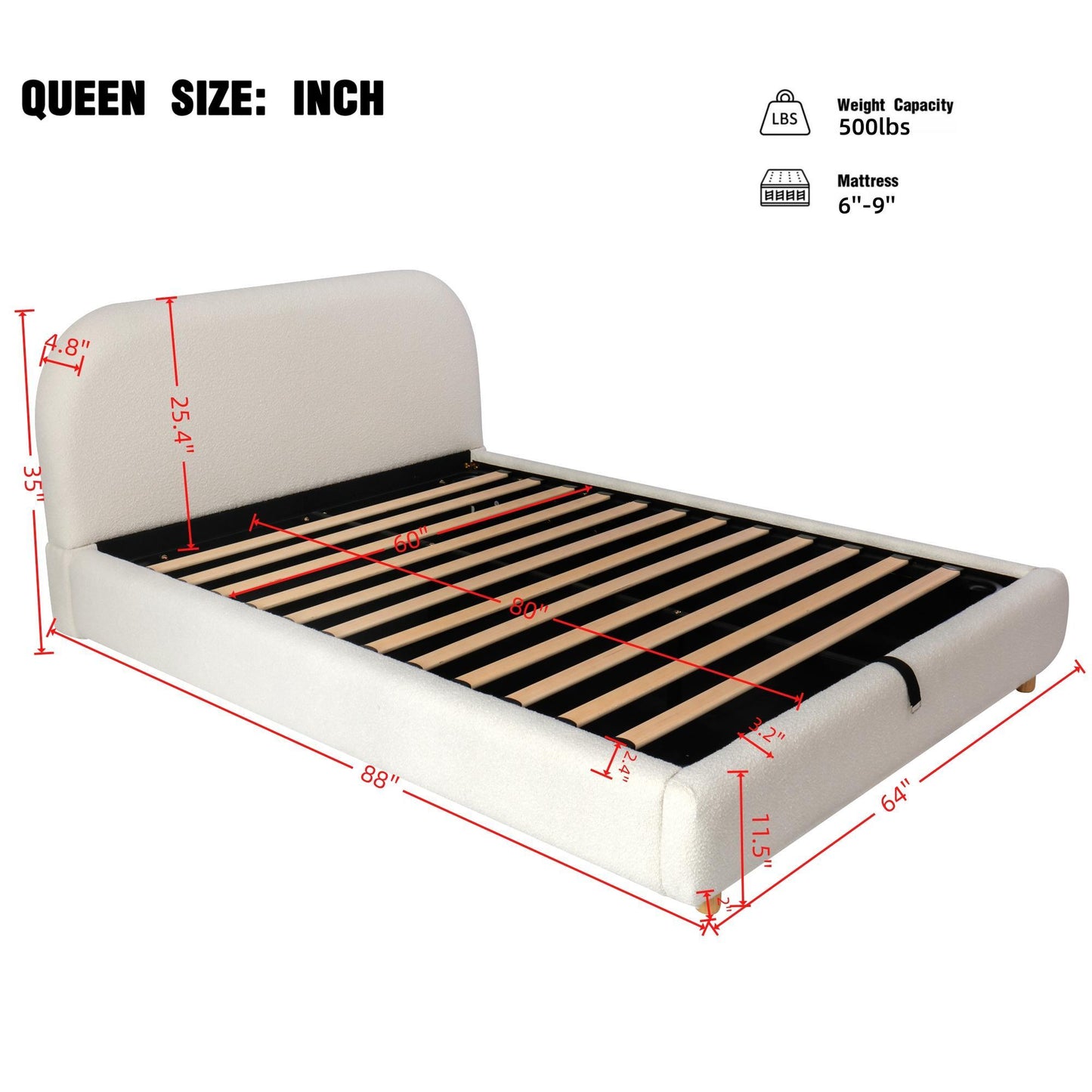 Queen Size Hydraulic Lift Storage Bed with Upholstered Headboard, Modern Bedboard with Rubberwood Legs, 88'' L x 64'' W x 35'' H, White