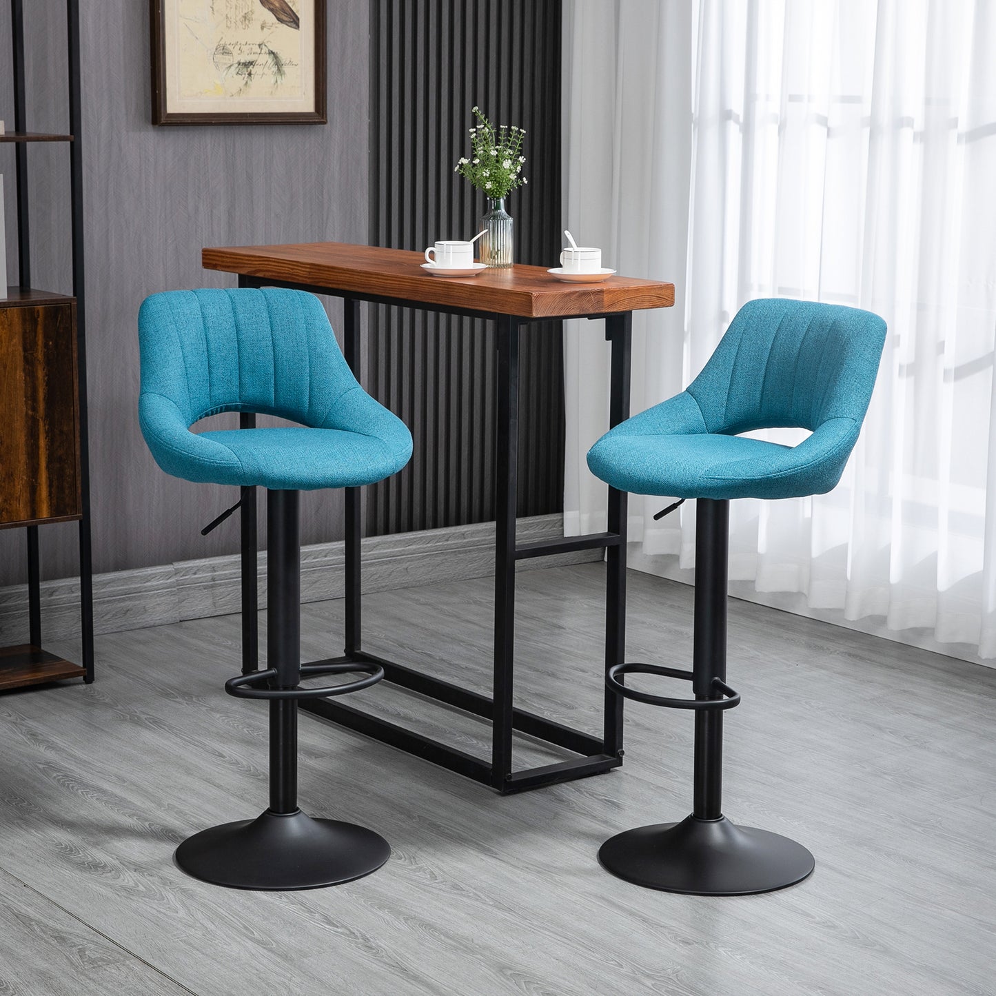 Bar Stools Set of 2, Swivel Counter Height Barstools with Adjustable Height, Linen Upholstered Bar Chairs with Round Metal Base and Footrest, Blue
