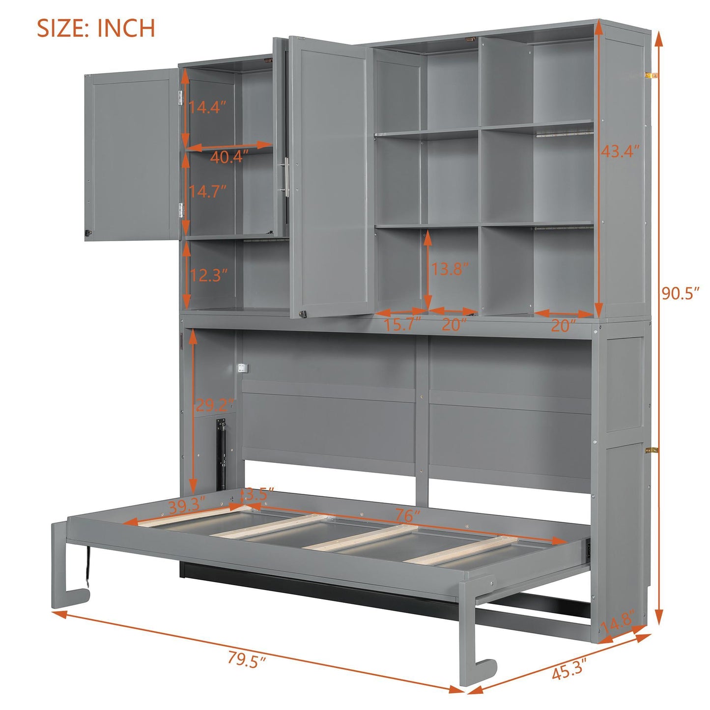 Twin-Size Wall Murphy Bed with Integrated Storage, Flexible Slat, Foldaway Bed with Dual-Piston Mechanism, 83'' L x 15.5'' W x 90.5'' H, Gray