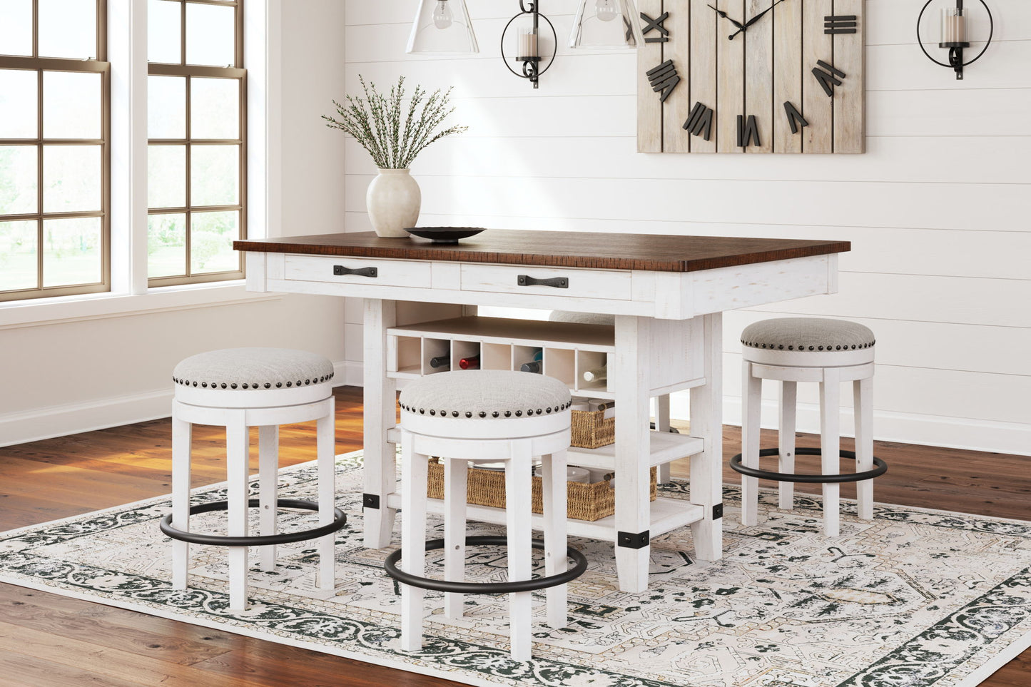 Valebeck - 5 Pc. - Counter Table With Wine Rack, 4 Swivel Stools - White / Brown