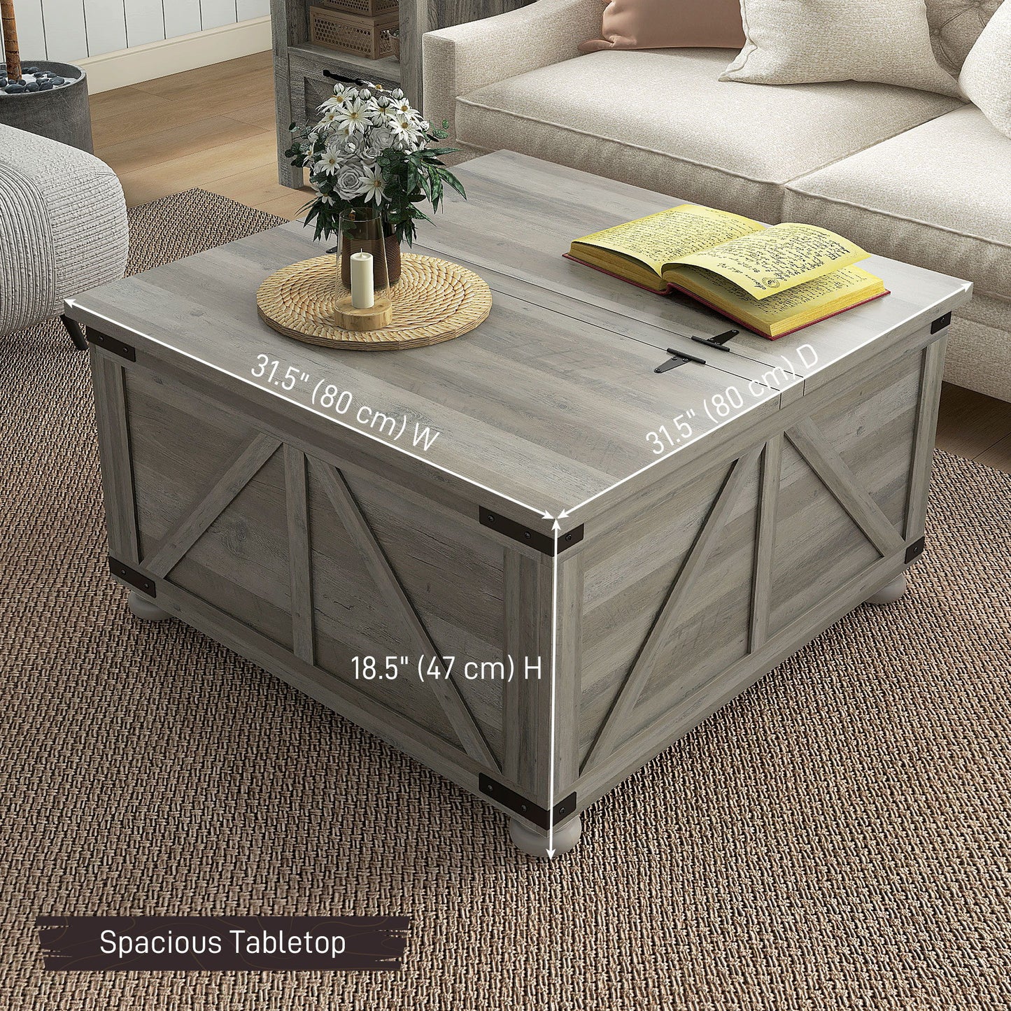Farmhouse Coffee Table, Square Center Table with Flip-top Lids, Hidden Storage Compartment and Wooden Legs, Distressed Grey