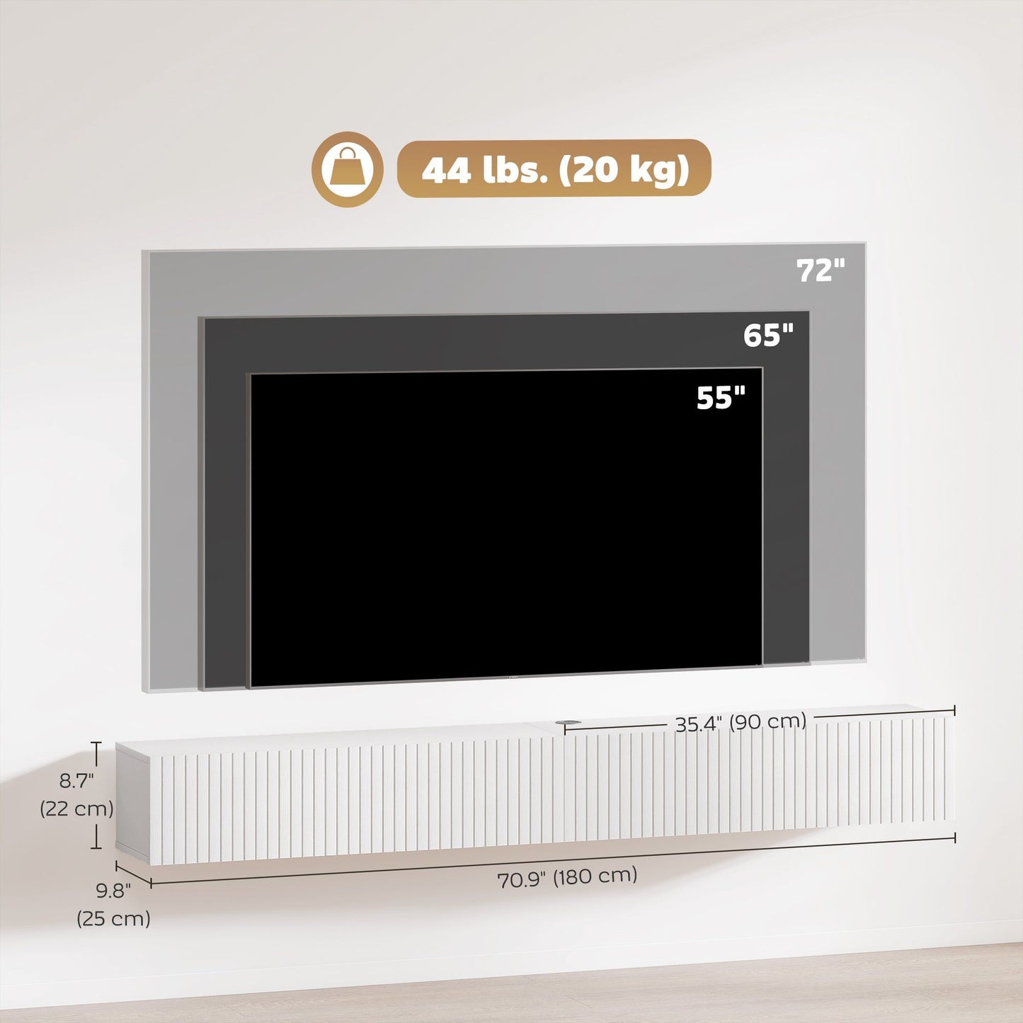 71" Floating TV Stand with Flip-Down Doors - White