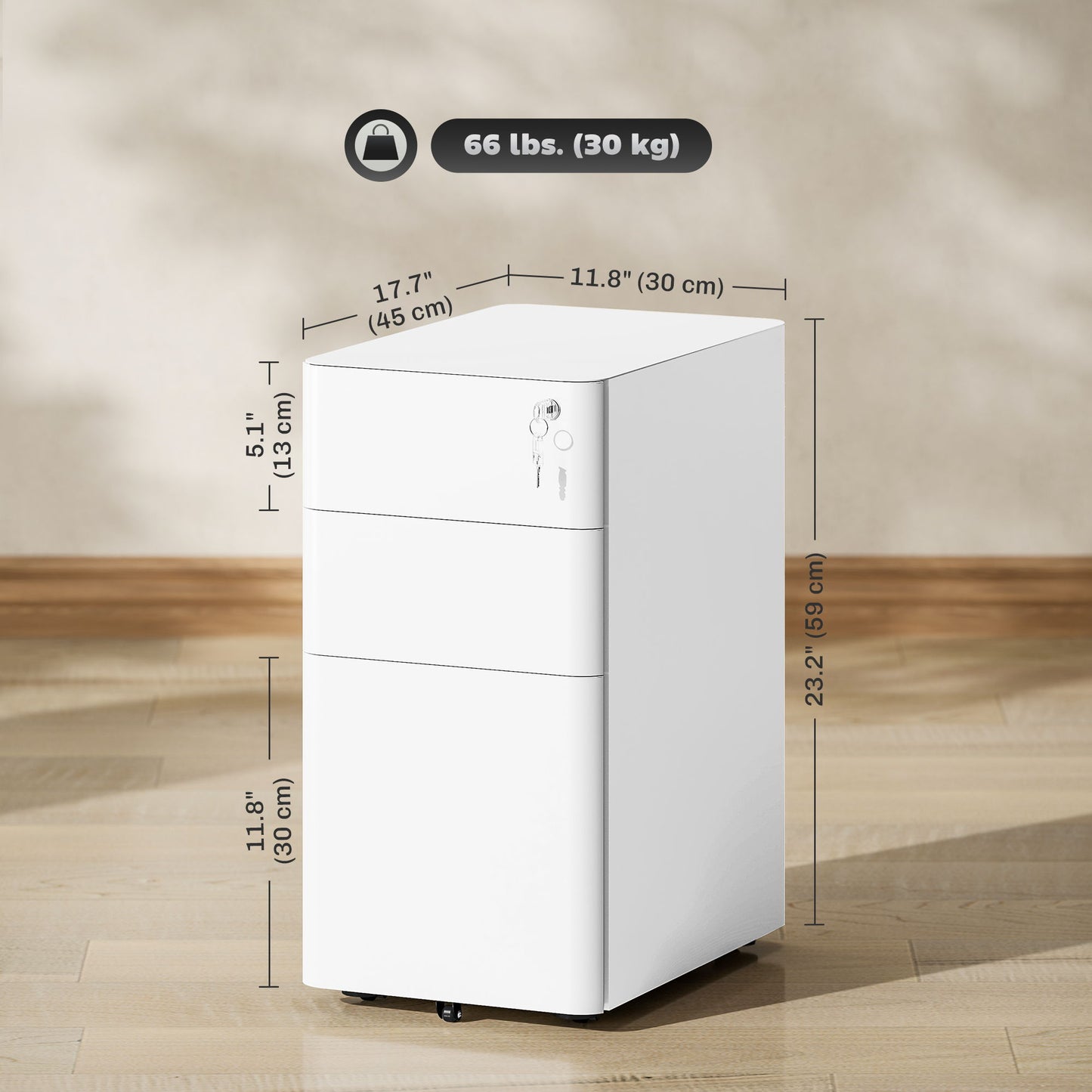 3 Drawer Filing Cabinet, Lockable Steel Office Storage Cabinet with Hanging Bar for Letter, A4, Legal Files, White