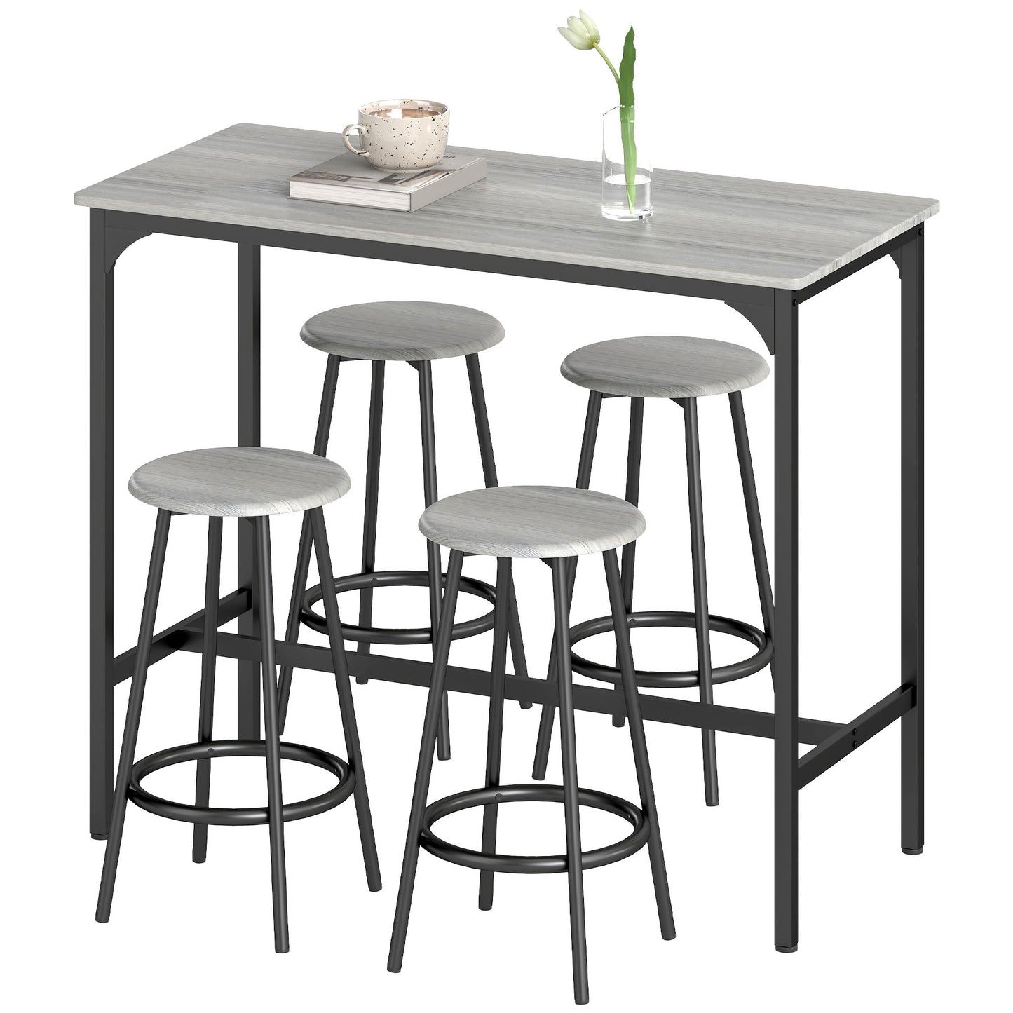 5-Piece Bar Table Set for 4, Industrial Counter Height Bar Table and Chairs for Kitchen, Dining Room, Grey