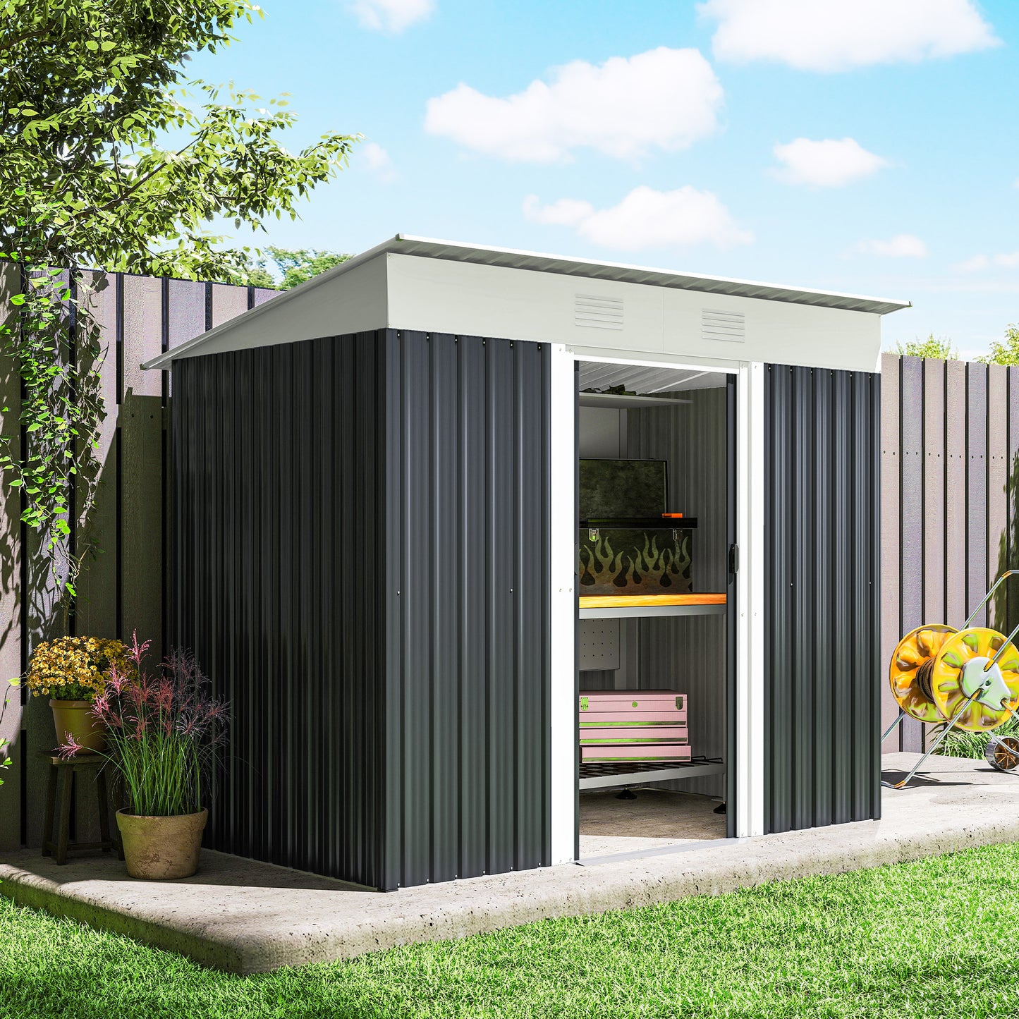 7' x 4' Outdoor Storage Shed, Metal Garden Tool Storage House Organizer with Lockable Sliding Doors and Vents for Backyard Patio Lawn, Charcoal Grey