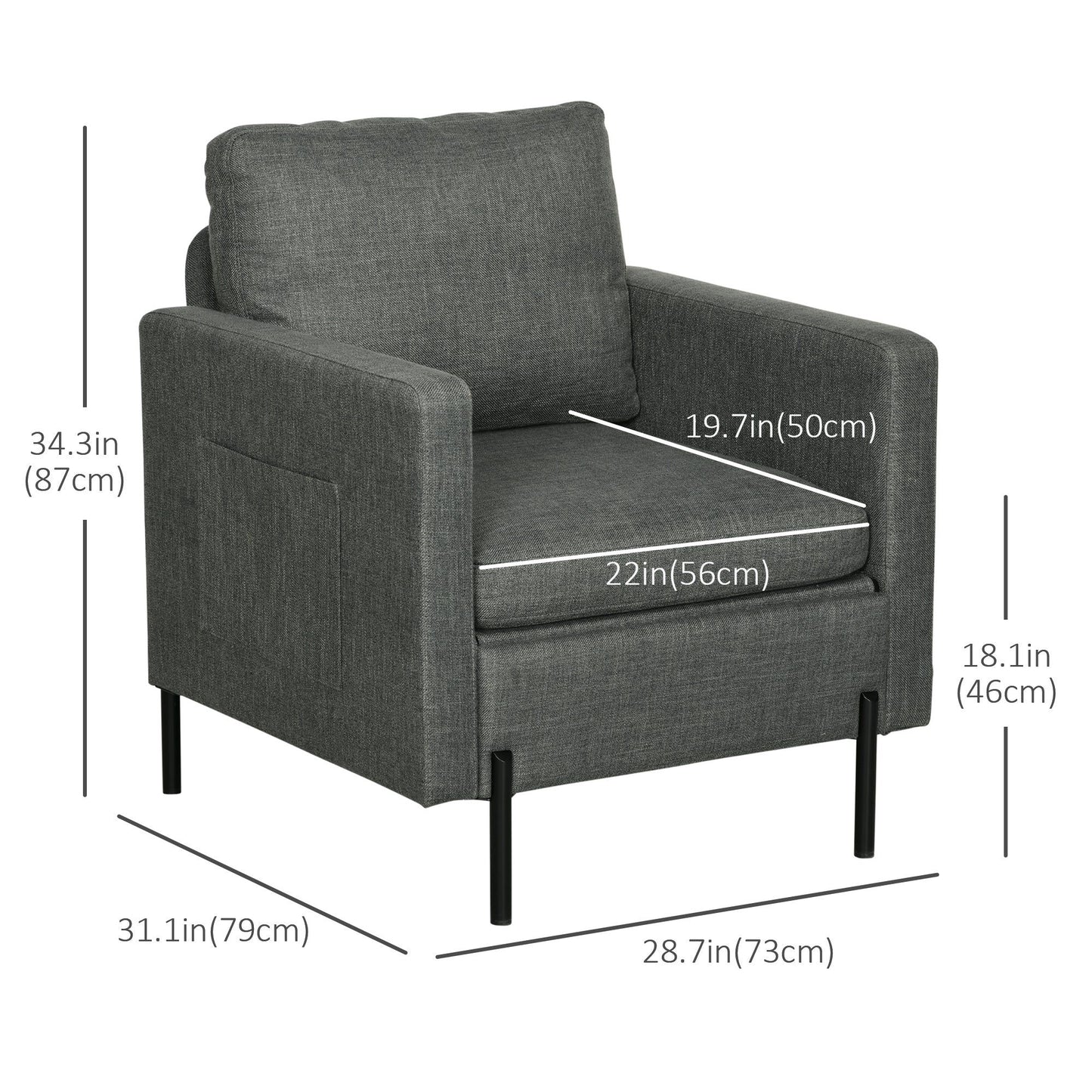 Fabric Accent Armchair with Side Pockets - Grey