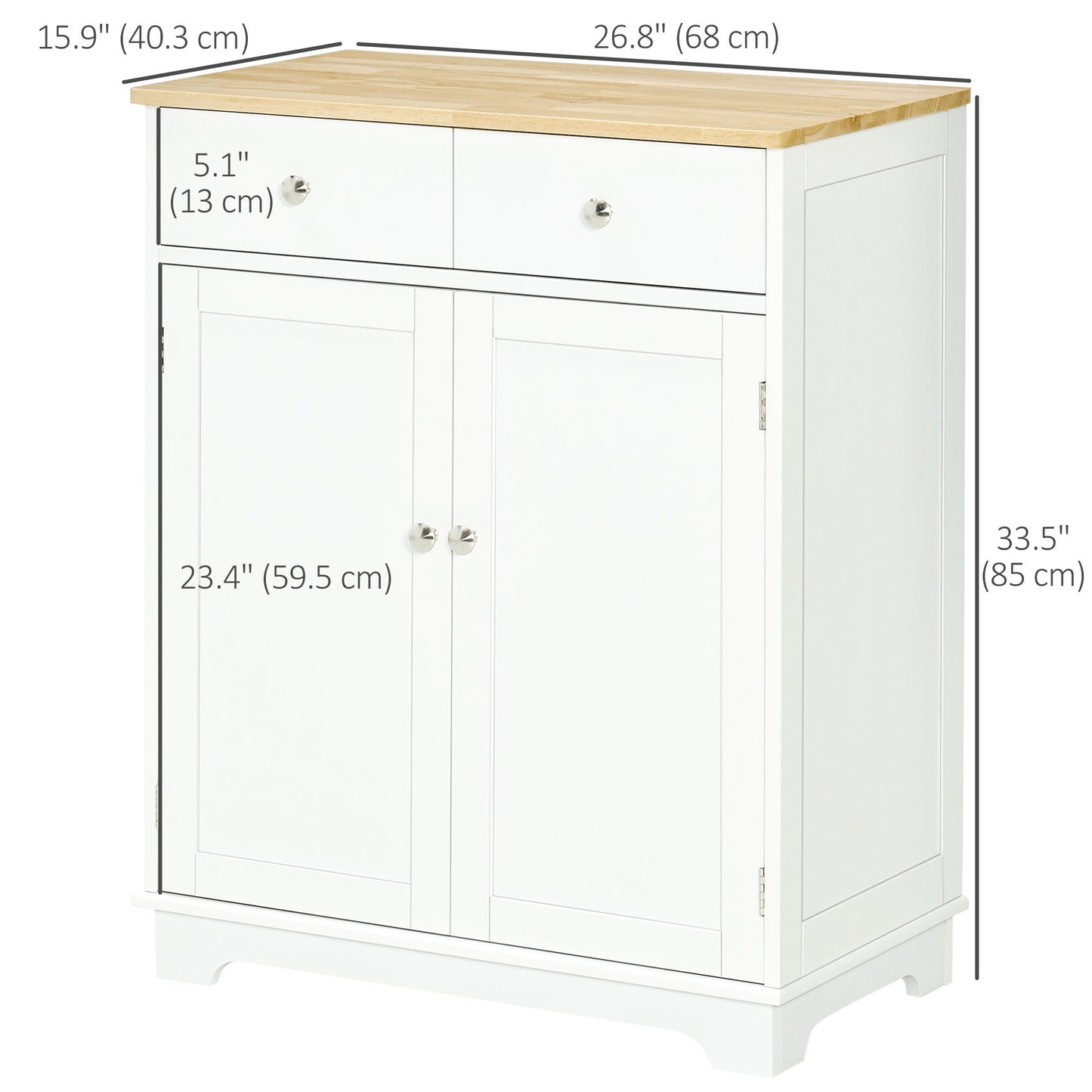 Sideboard Buffet Cabinet with Storage, 27" Kitchen Cabinet with Adjustable Shelf, 2 Drawers and 2 Doors, Coffee Bar Cabinet with Rubberwood Tabletop, White