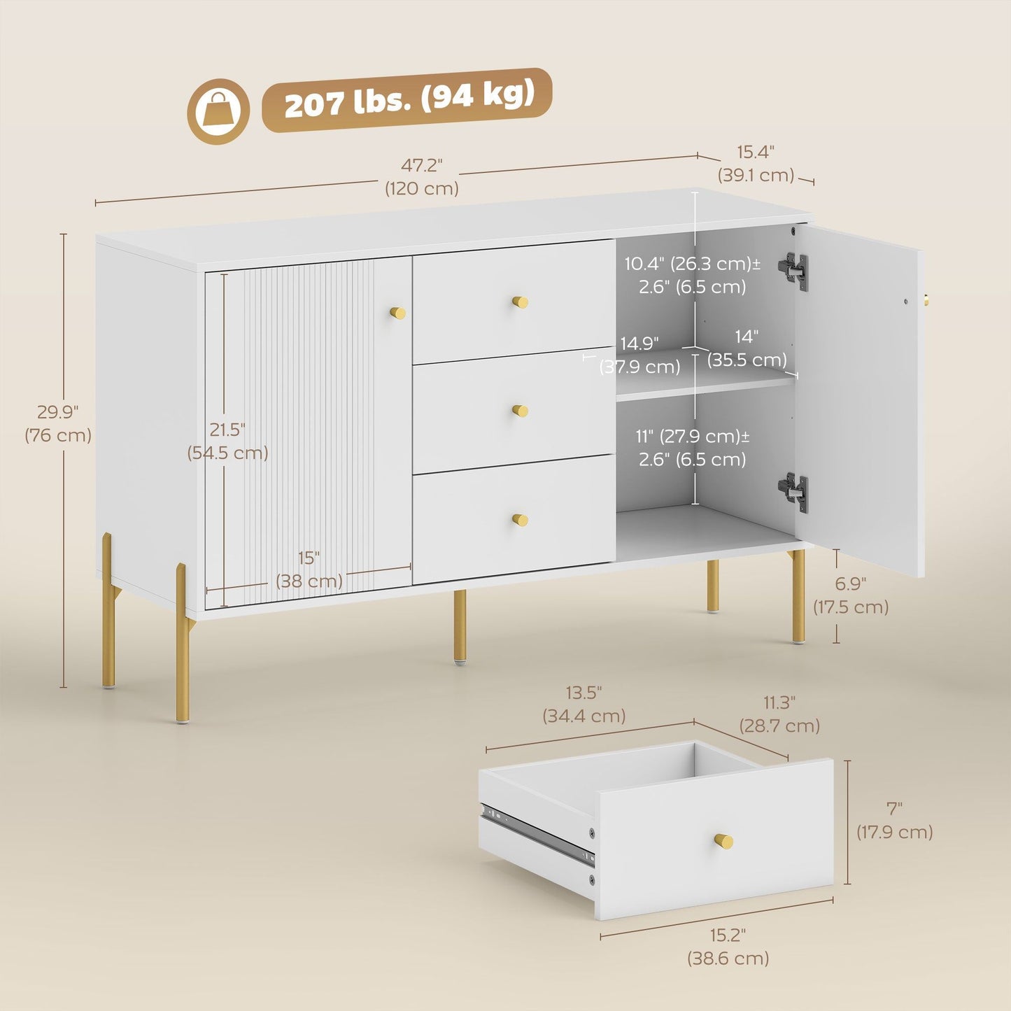 Modern Sideboard with 3 Soft-Close Drawers - White