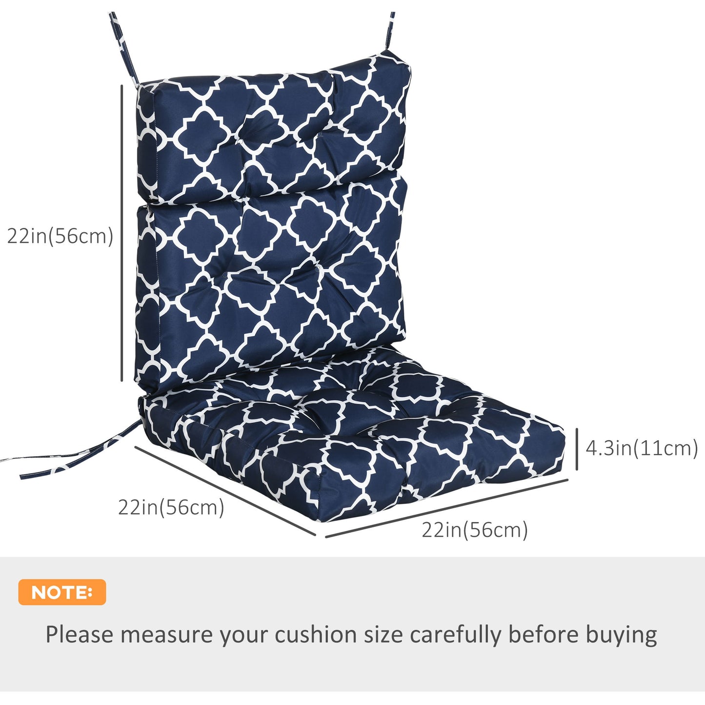 Outdoor Seat/Back Chair Cushion, One-Piece Patio Chair Cushion Replacement, Tufted Pillow with Thick Filling and String Ties, 44" x 42" x 4", Blue