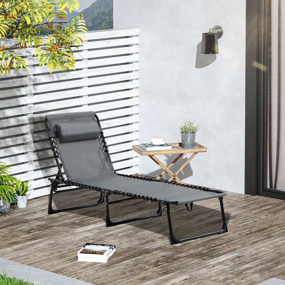 Outdoor Folding Chaise Lounge, Reclining Lounge Chair with Adjustable Backrest and Removable Pillow, Grey