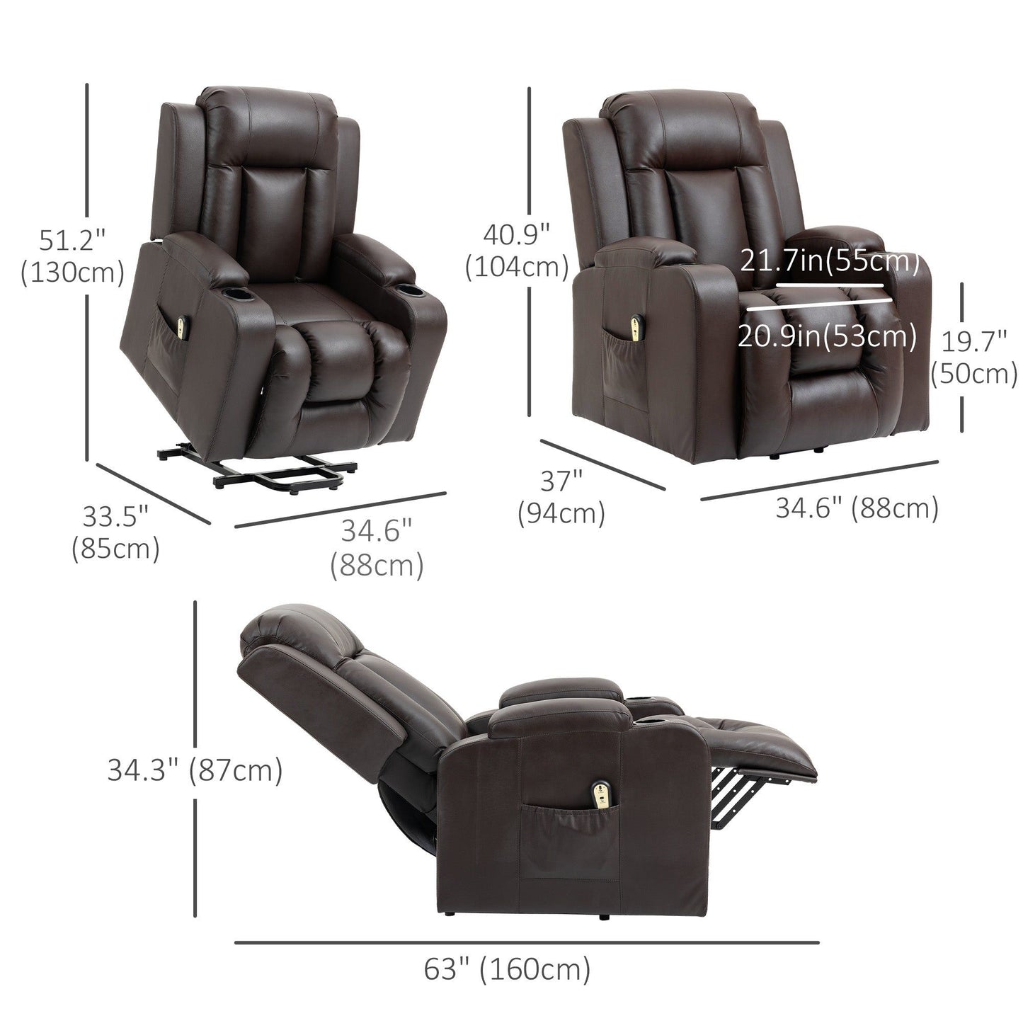 PU Leather Power Lift Recliner with Cup Holders - Brown