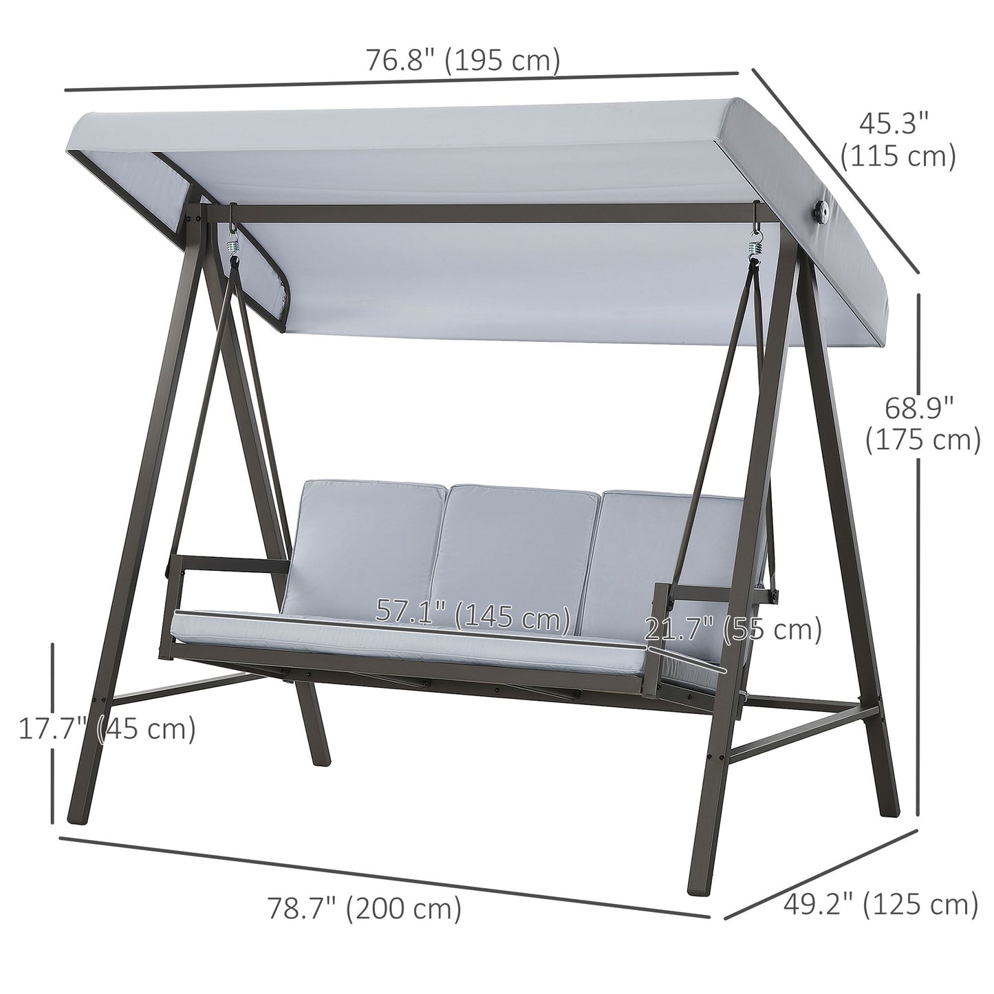 3 Seater Patio Swing Chair, Porch Swing with Adjustable Canopy and Removable Cushions, Outdoor Swing Seat, Light Grey