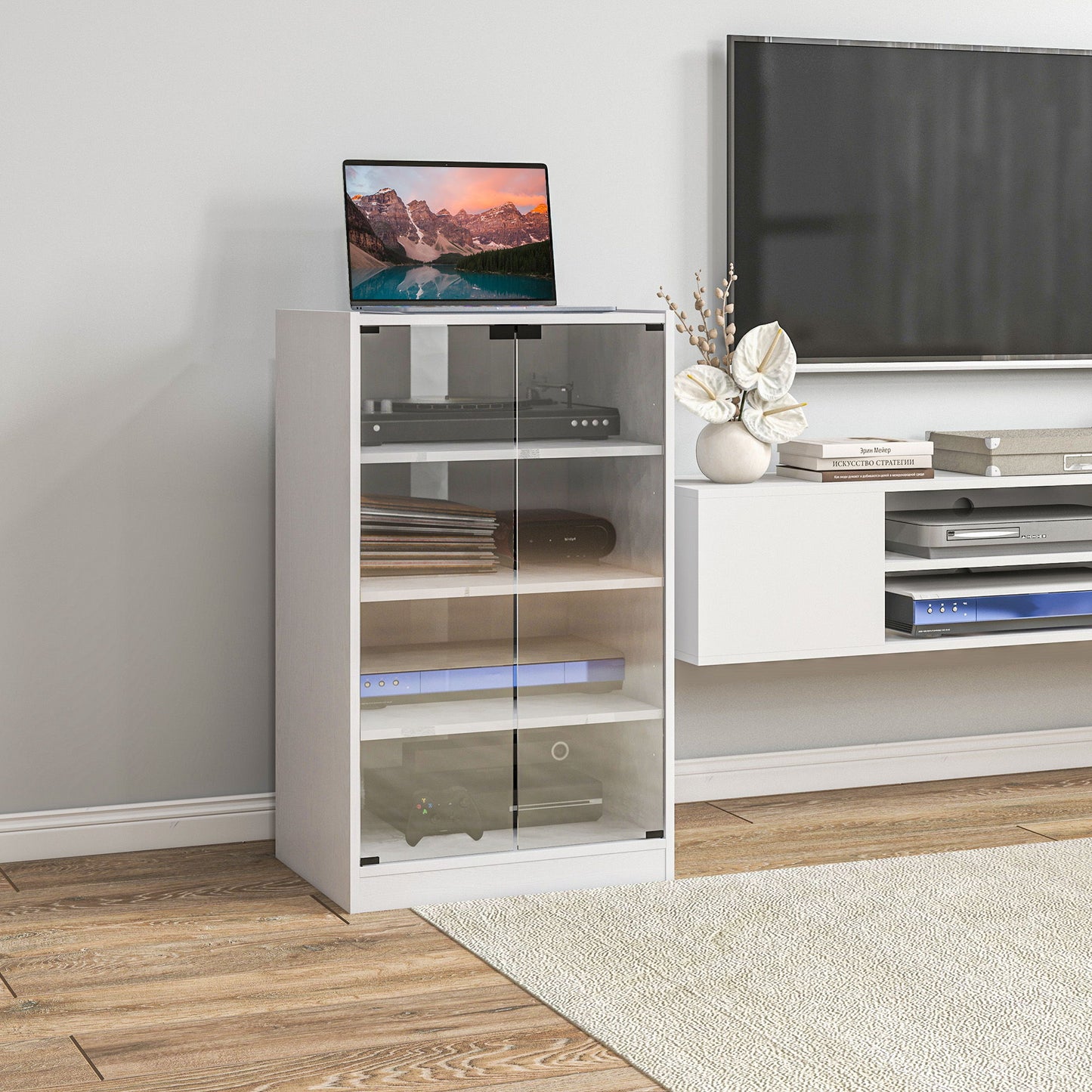 5-Tier Media Cabinet, Media Stand with Adjustable Shelves, Tempered Glass Doors, and Cable Management, Distressed White