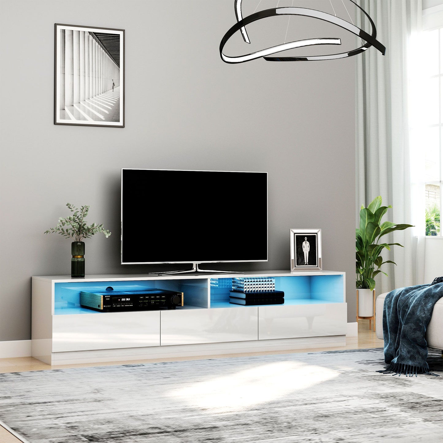 LED Lighted TV Stand for TVs up to 75", Modern TV Cabinet with Storage Drawers for Living Room, High Gloss White