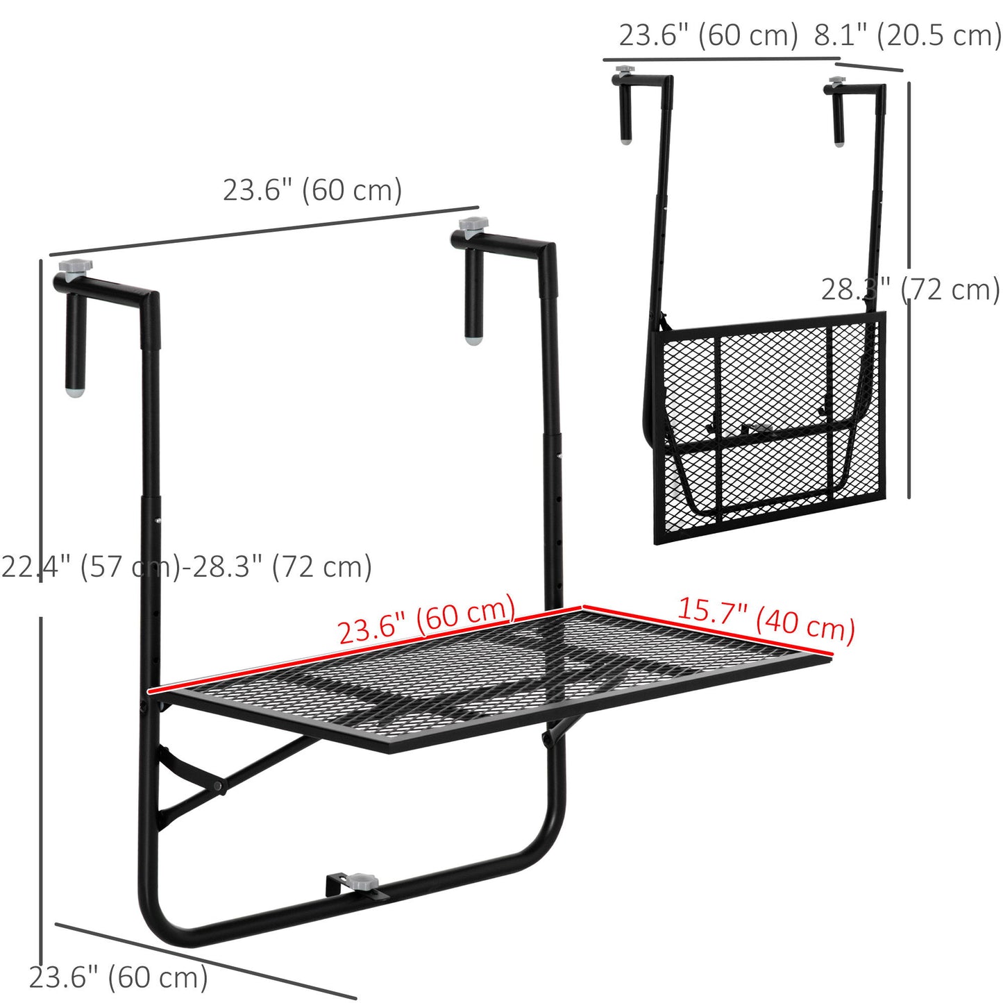 Balcony Hanging Table, Metal Wall Mount Desk, Adjustable Folding Balcony Deck Table for Patio and Garden, Black