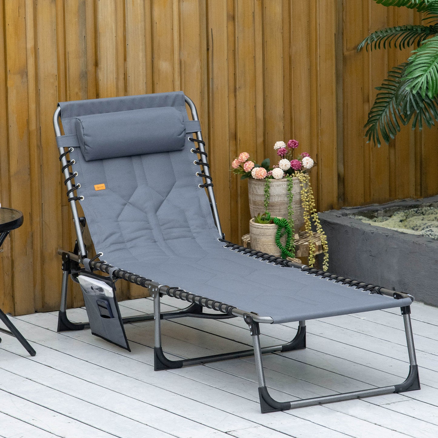 Folding Chaise Lounge Chair, Outdoor Padded Reclining Chair with 5-position Adjustable Backrest, Pillow and Pocket for Patio, Deck, Beach, Lawn and Sunbathing, Black - Grey