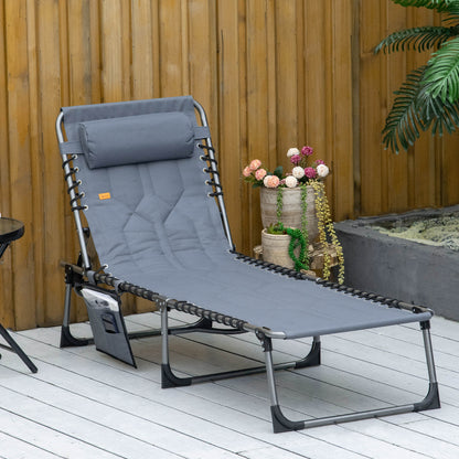 Folding Chaise Lounge Chair, Outdoor Padded Reclining Chair with 5-position Adjustable Backrest, Pillow and Pocket for Patio, Deck, Beach, Lawn and Sunbathing, Black - Grey