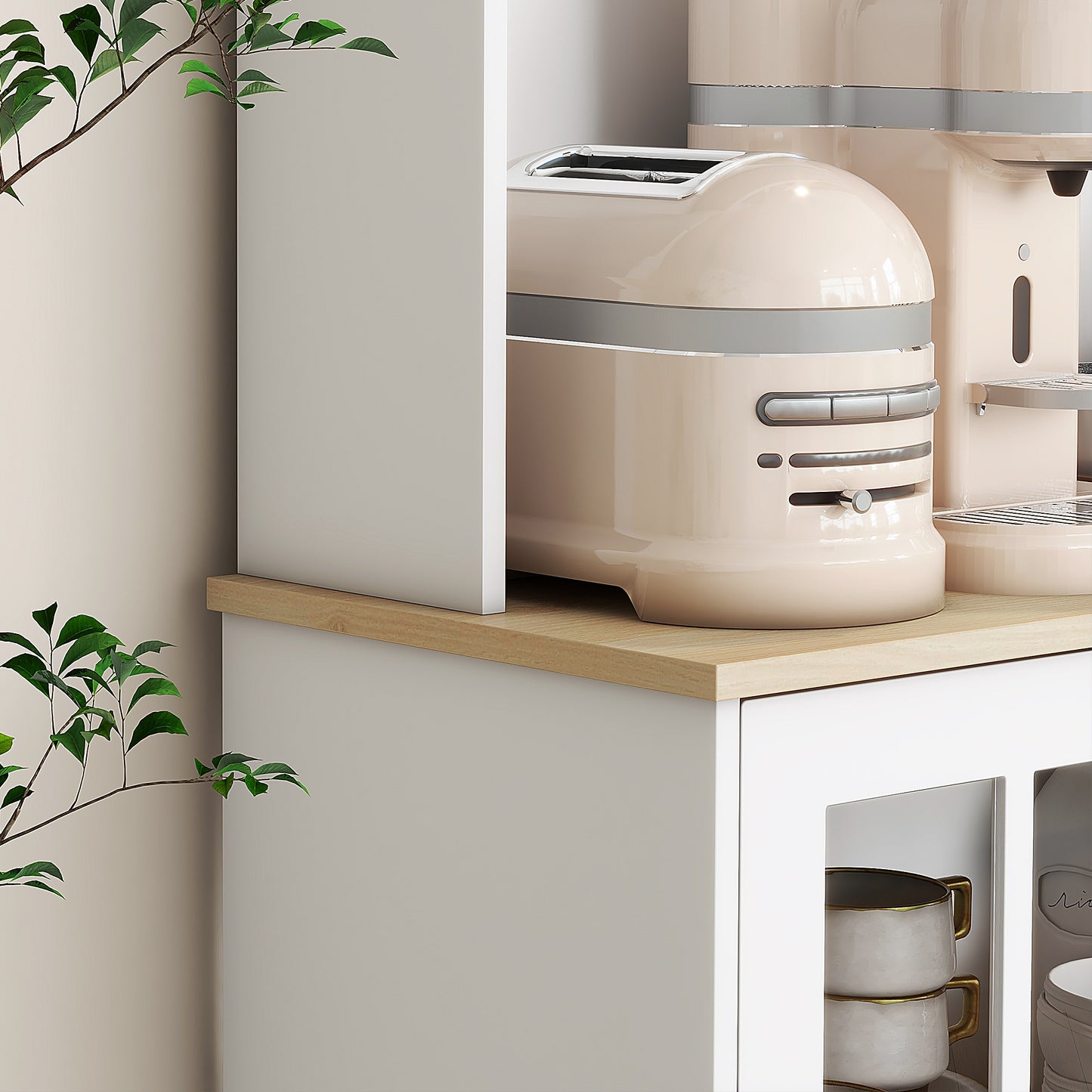 Kitchen Buffet with Hutch, Storage Pantry with 3 Cabinets, 2 Open Shelves and Large Countertop, White