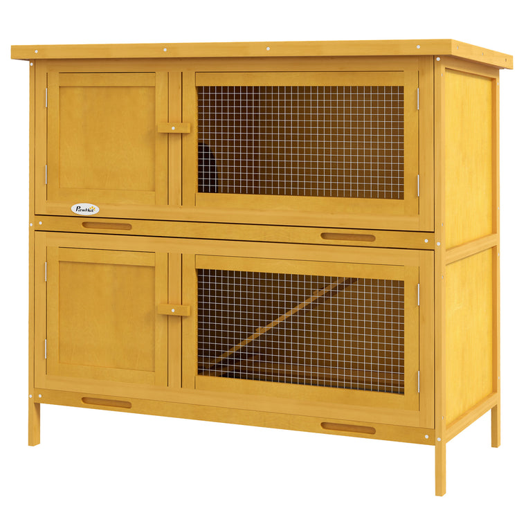Yellow Wood Rabbit Hutch with 2 Main Houses & Ramp