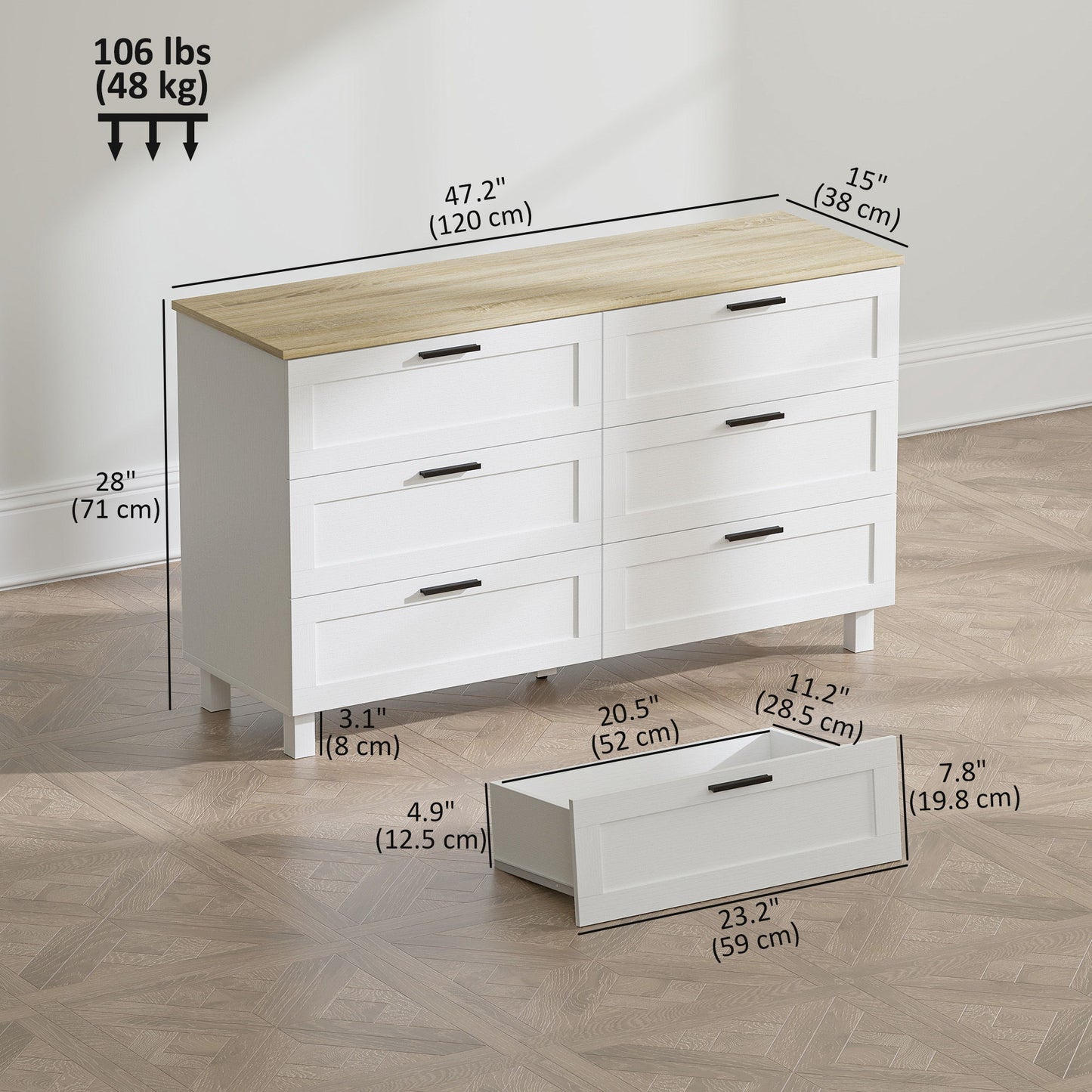 47" Wide Chest of Drawers, Modern Dresser with 6 Drawers and Wood Legs for Bedroom, Living Room, Entryway, White