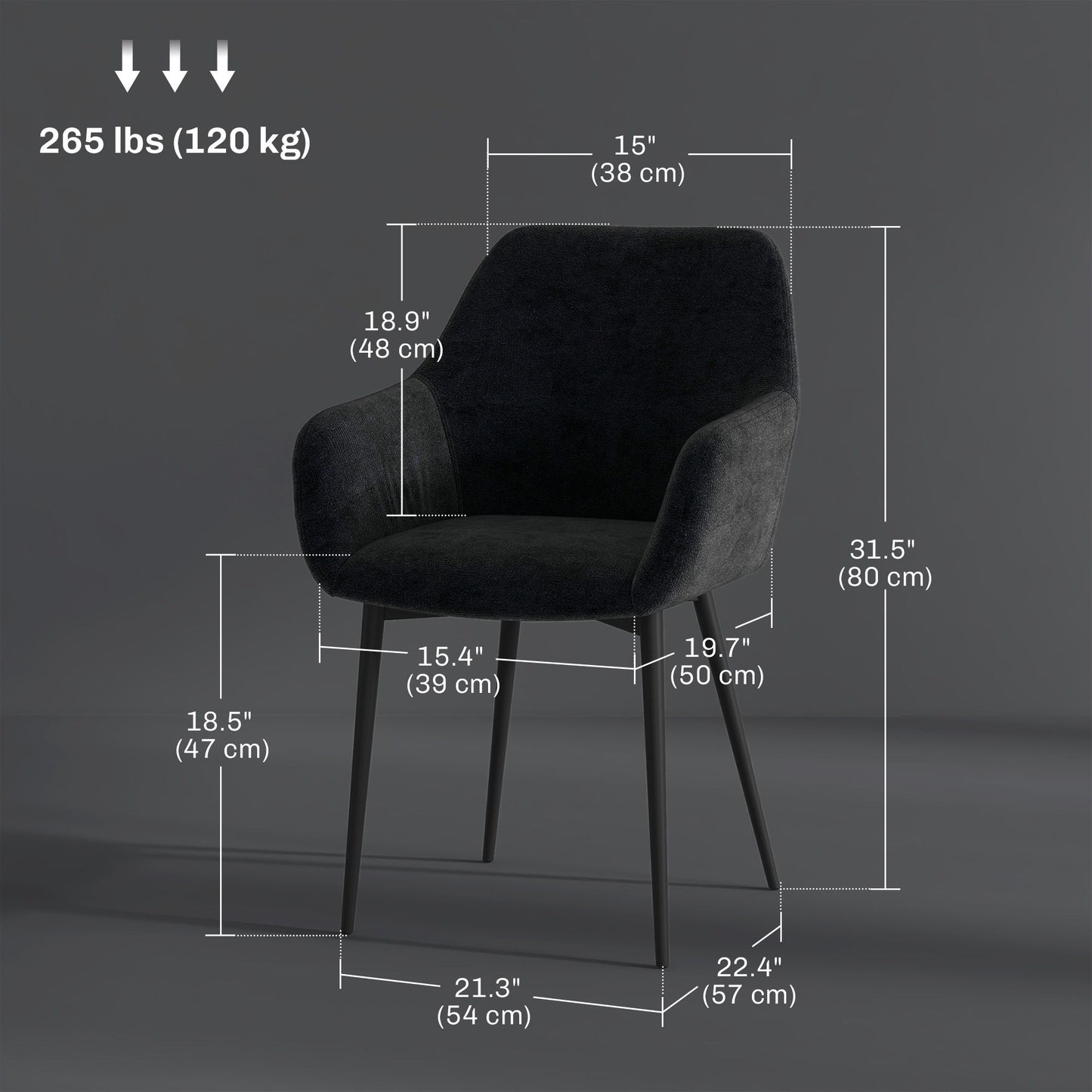 Dining Chairs Set of 2, Velvet-look Fabric Upholstered Kitchen Chairs with Backrest, Armrests and Steel Legs, Black